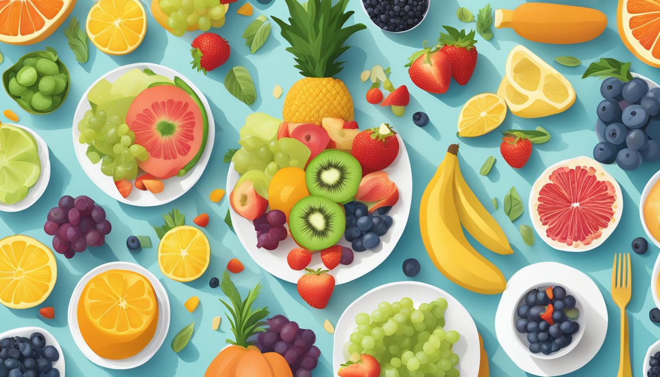 A colorful array of fresh fruits, vegetables, and whole grain snacks displayed on a bright, modern table setting