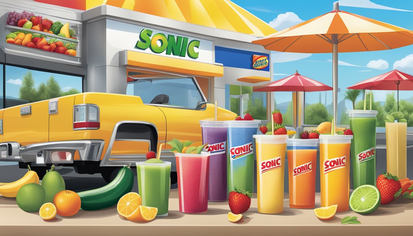 A colorful array of fresh fruits and vegetables displayed alongside refreshing smoothies and juices at a Sonic drive-in