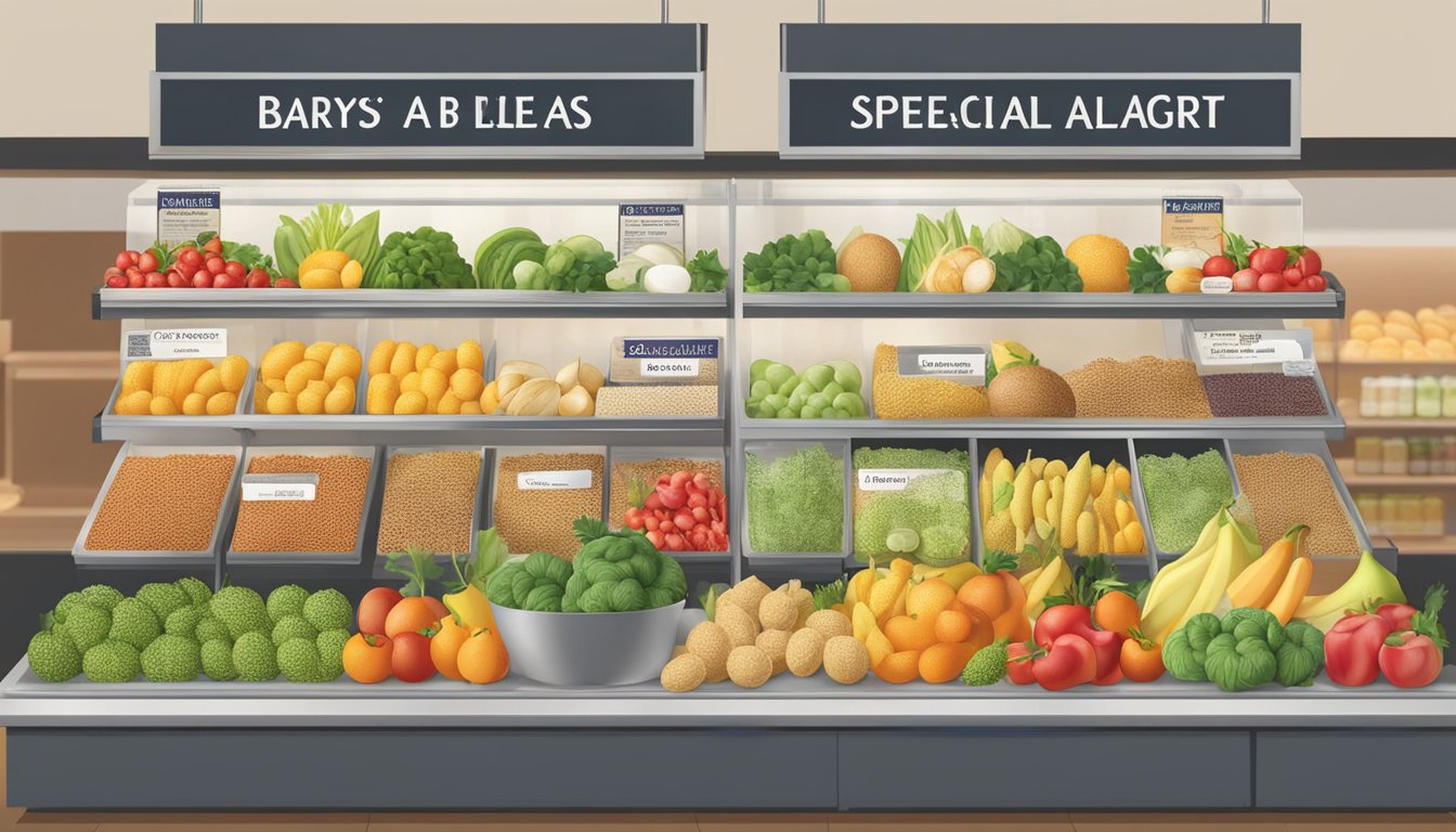 A display of fresh, colorful fruits, vegetables, and grains with clear labels for special diets and allergen information at a corner bakery