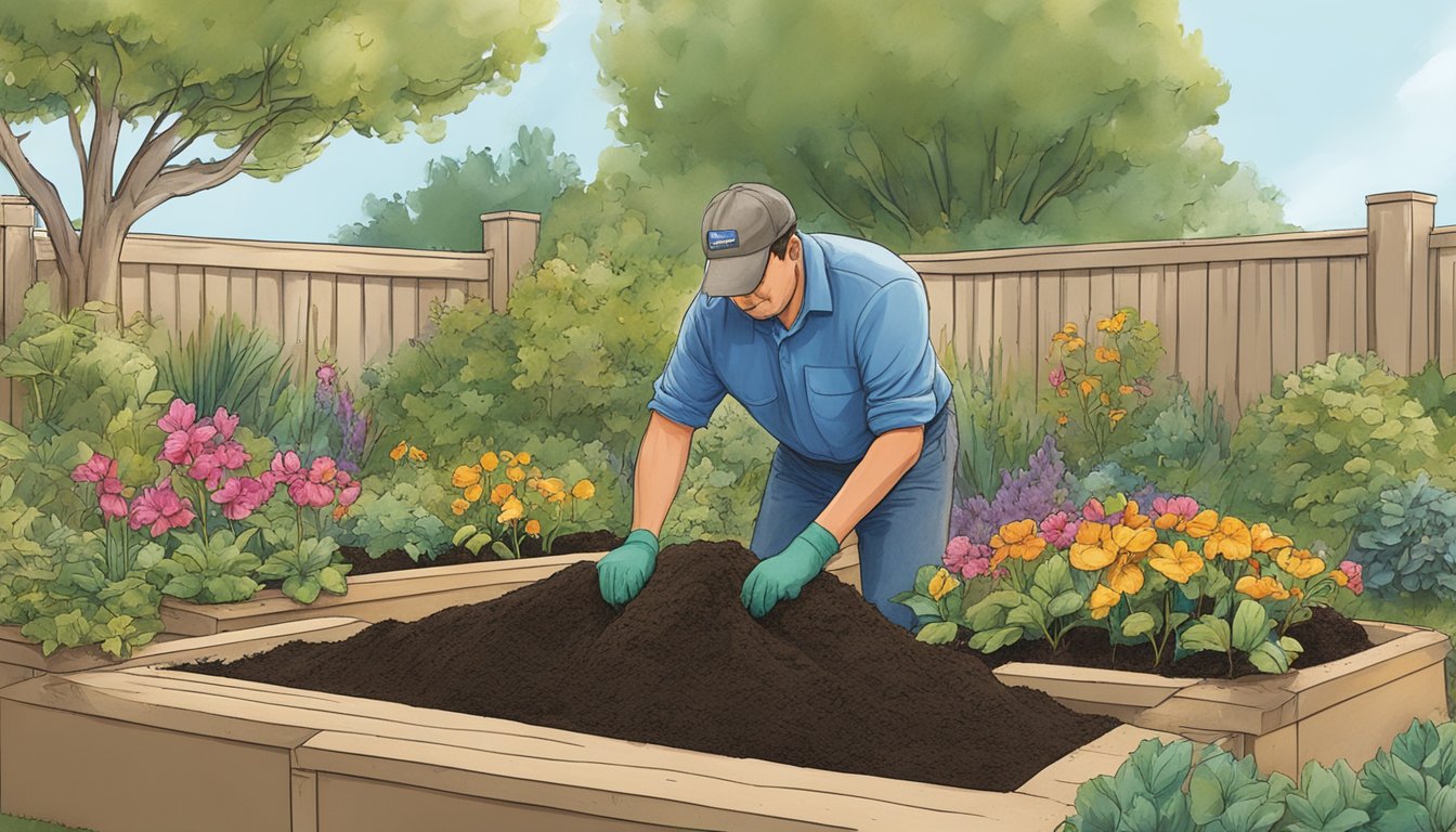 A gardener mixing compost into soil in an Anaheim garden bed