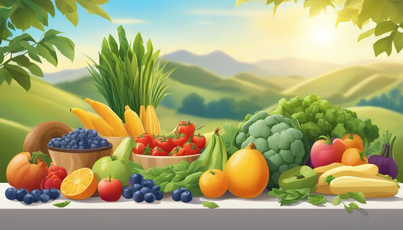 A colorful array of fresh fruits and vegetables arranged next to a selection of lean proteins and whole grains, with a vibrant backdrop of a sunny outdoor setting