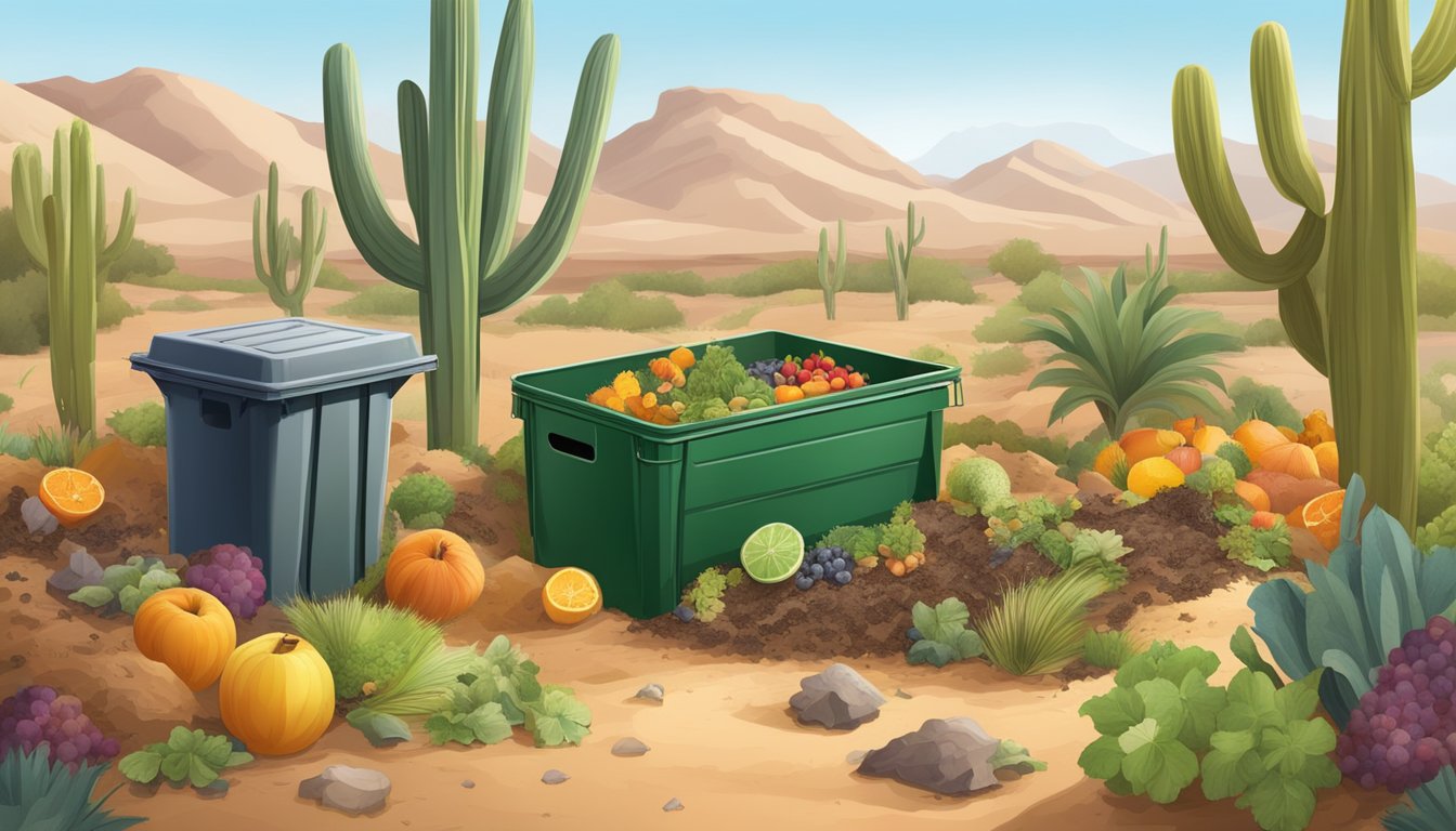 A desert landscape with a compost bin surrounded by a variety of organic waste, including fruit and vegetable scraps, leaves, and grass clippings