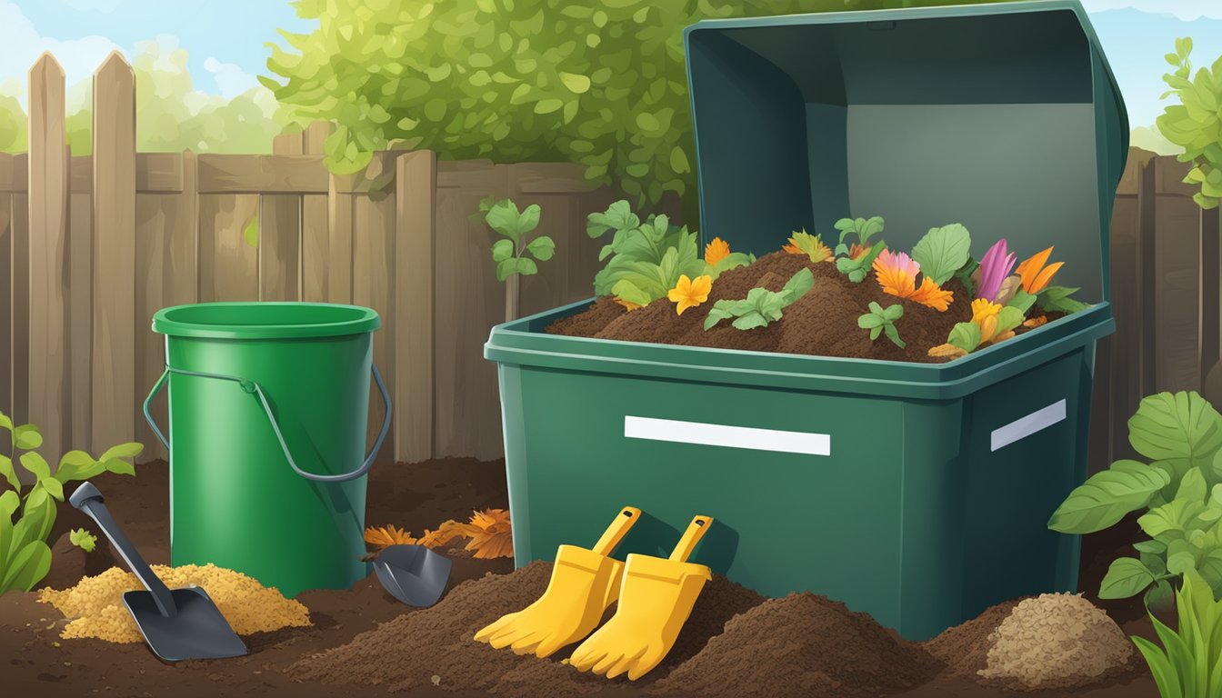 A backyard compost bin surrounded by a variety of organic waste, with a shovel and gardening gloves nearby