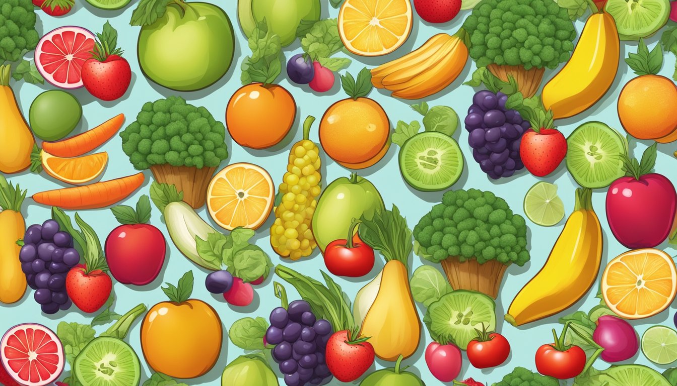 A colorful array of fresh fruits and vegetables arranged on a vibrant background, with a variety of healthy Sonic menu options displayed alongside