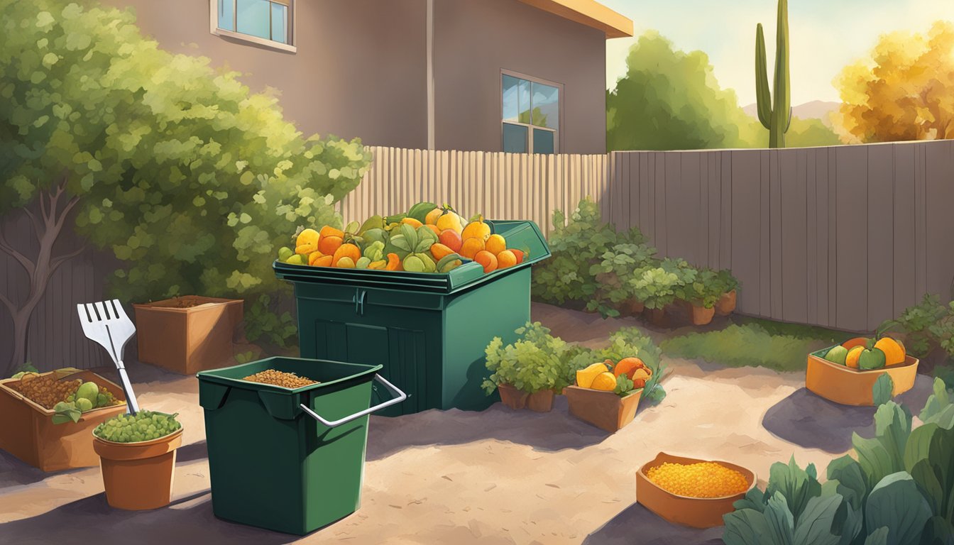 A sunny backyard in Tucson, Arizona with a compost bin, shovel, and various organic materials like fruit peels and yard waste