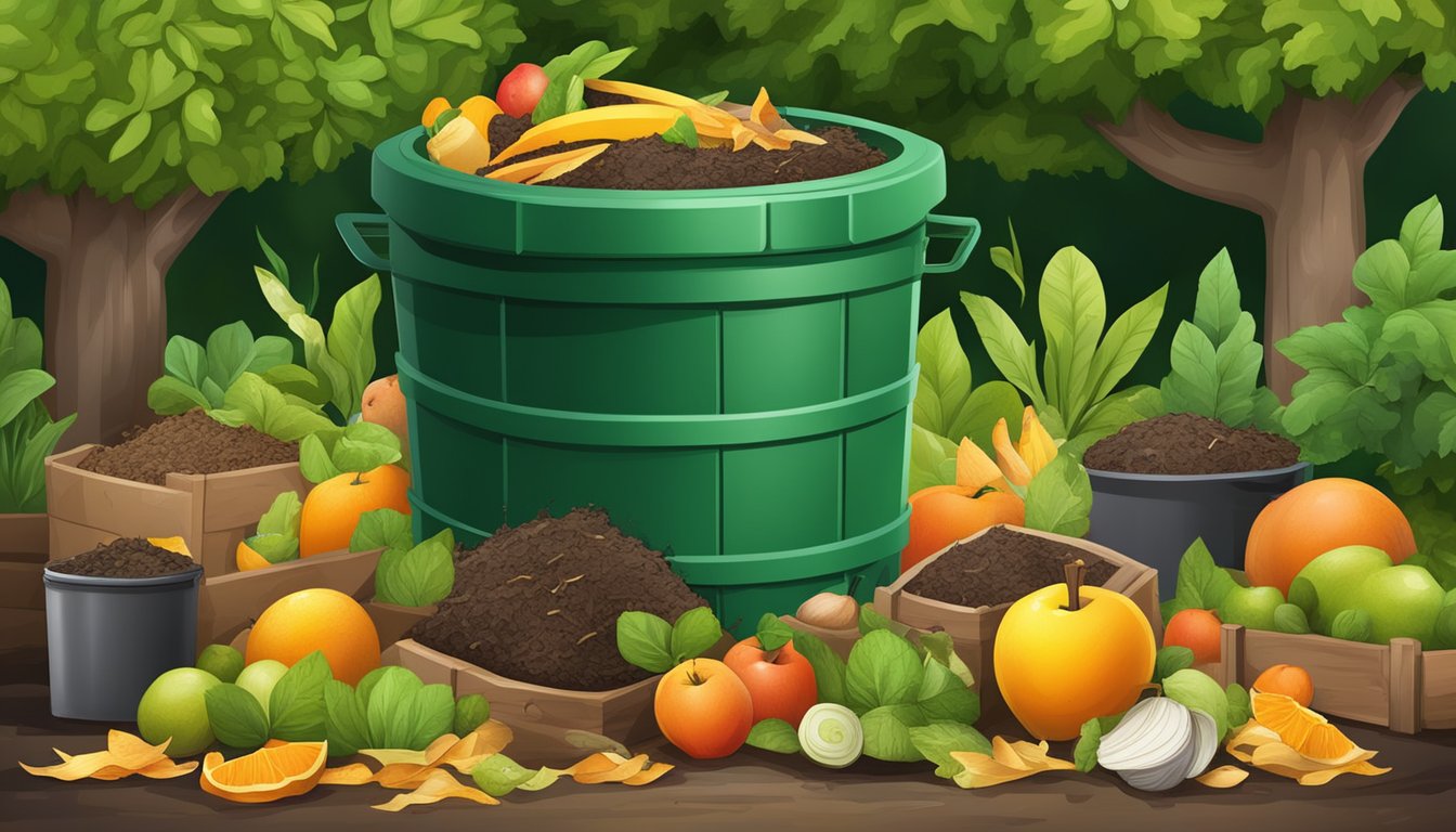 A backyard compost bin surrounded by a variety of organic waste materials such as fruit peels, vegetable scraps, and yard clippings