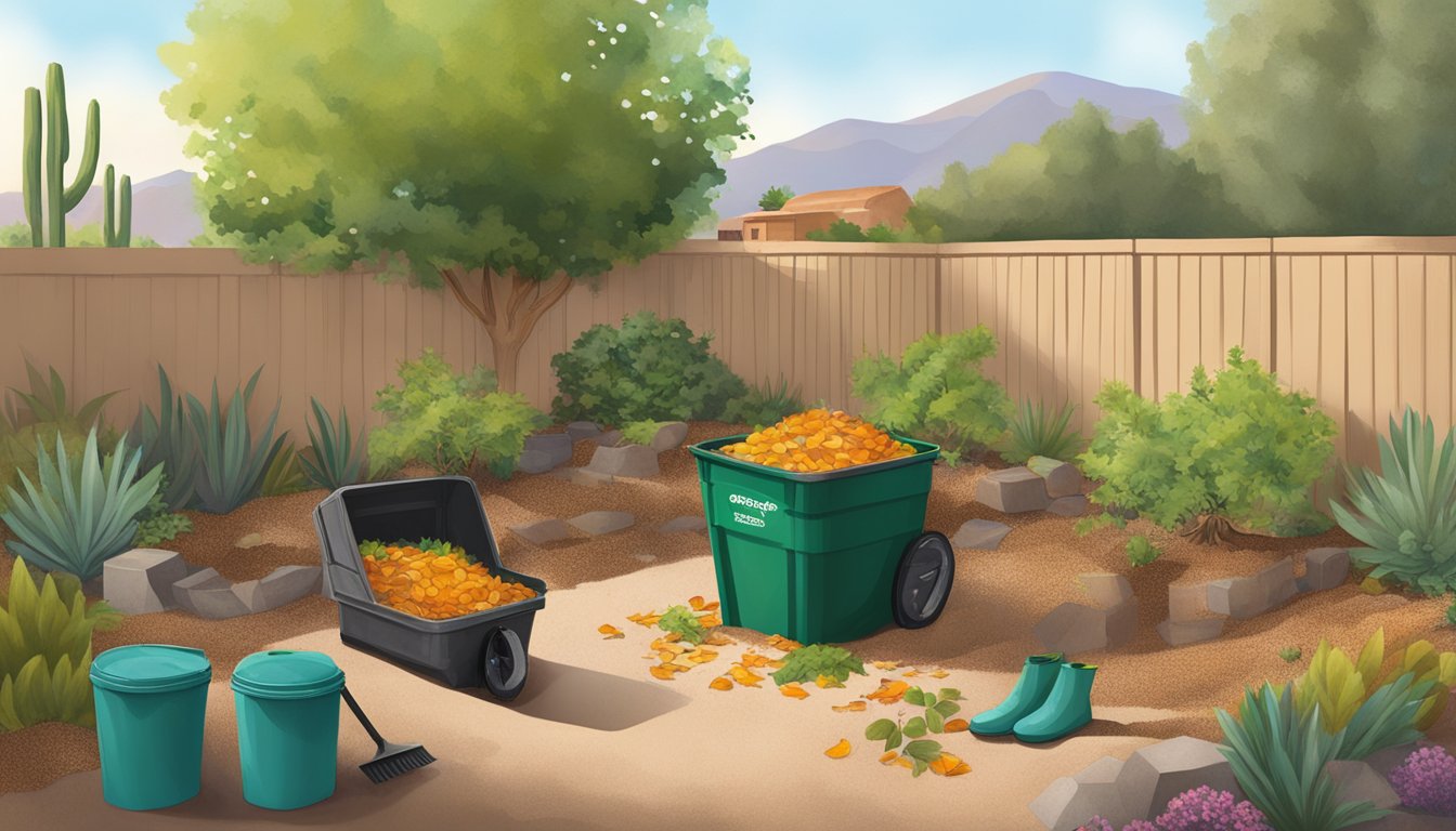 A backyard in Tucson, AZ with a compost bin, shovel, and various organic materials such as fruit peels, coffee grounds, and leaves scattered around