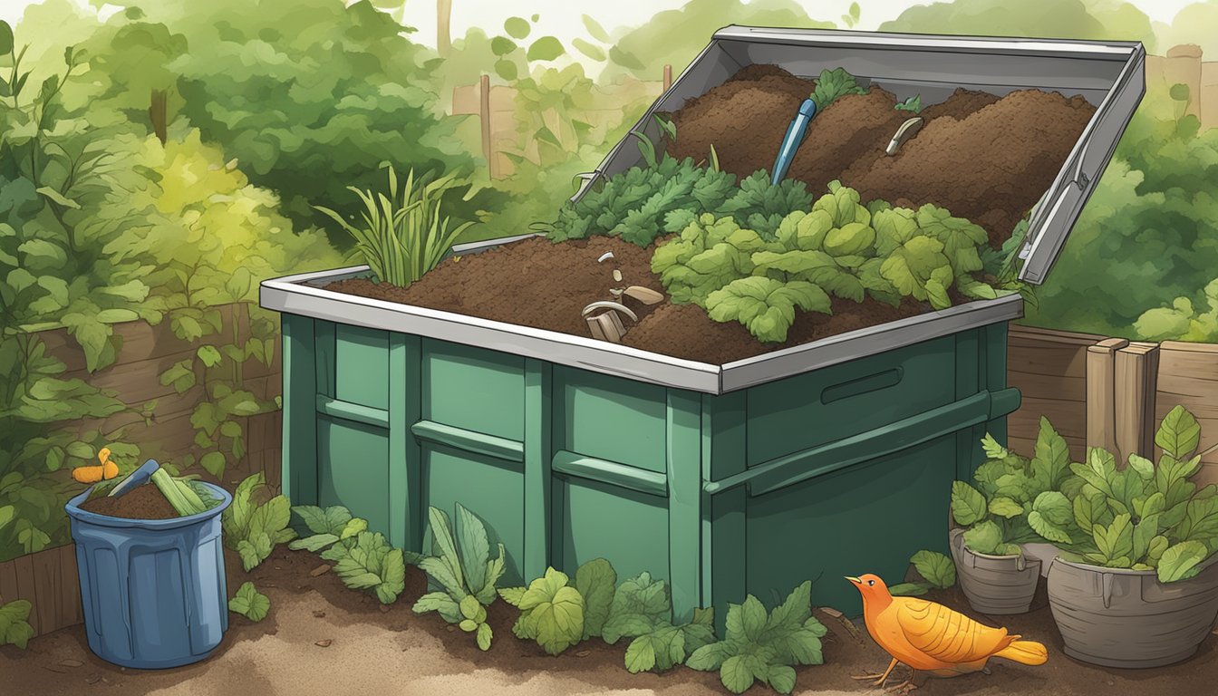 A backyard compost bin surrounded by greenery and various organic waste materials, with a guidebook open to a page on composting techniques