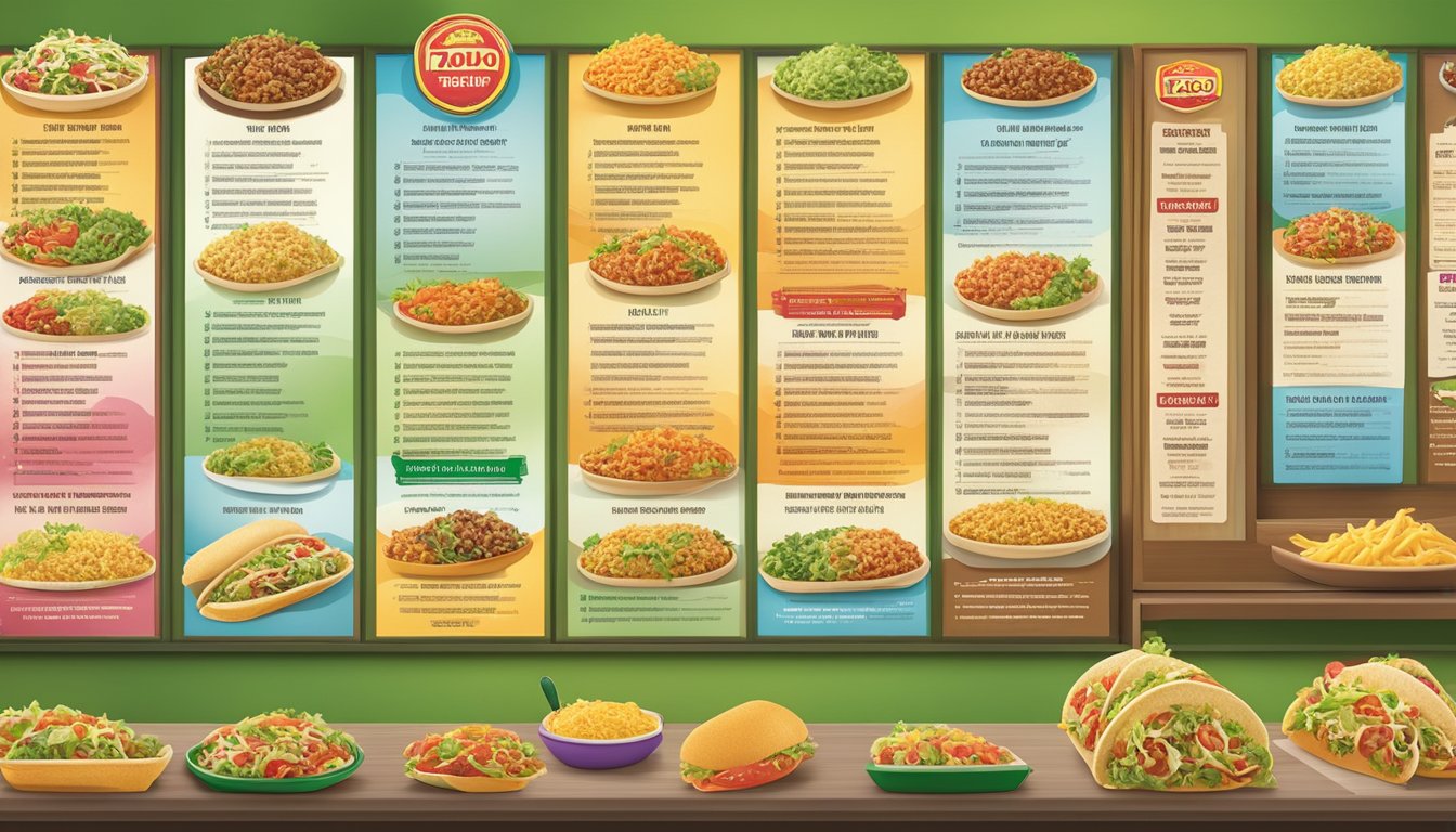 A colorful menu board with various healthy options displayed at Taco John's