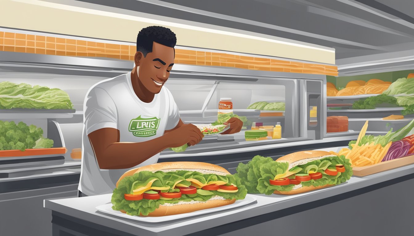 A Subway sandwich artist assembling a lettuce-wrapped, protein-packed sub with fresh vegetables and a variety of low-carb condiments