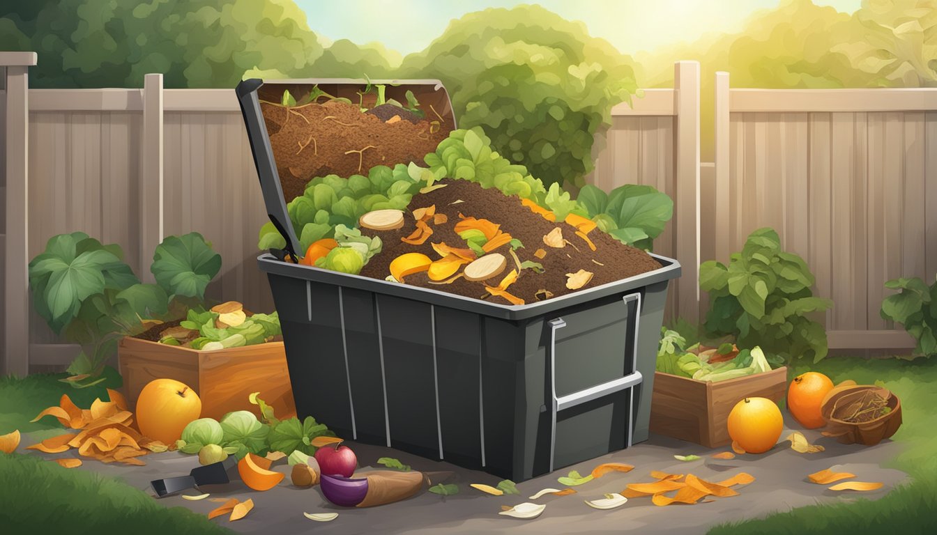 A backyard compost bin surrounded by a variety of organic waste materials, including fruit peels, vegetable scraps, and yard clippings, with a shovel nearby