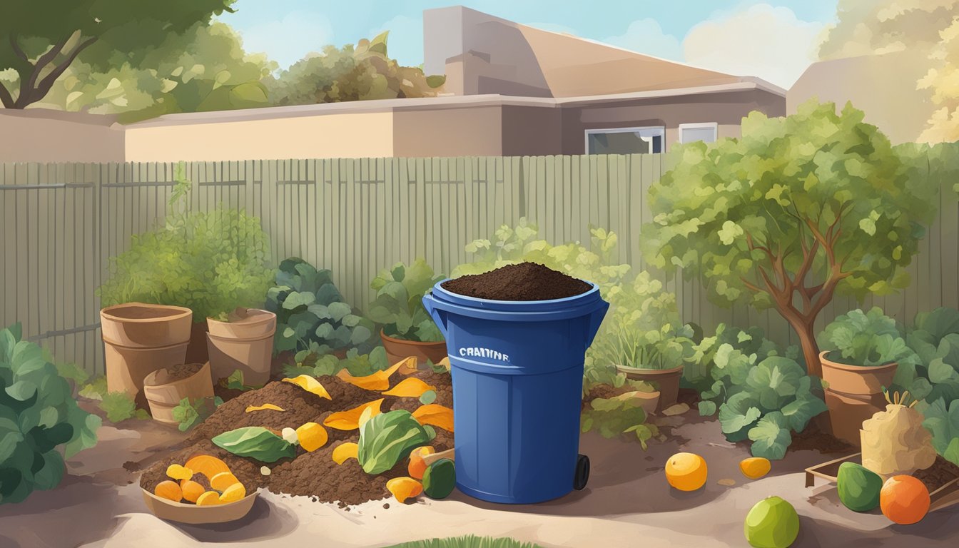 A sunny backyard in Tucson, Arizona with a compost bin surrounded by various types of organic waste, including fruit peels, vegetable scraps, and dry leaves. The bin is being turned and mixed by a gardener