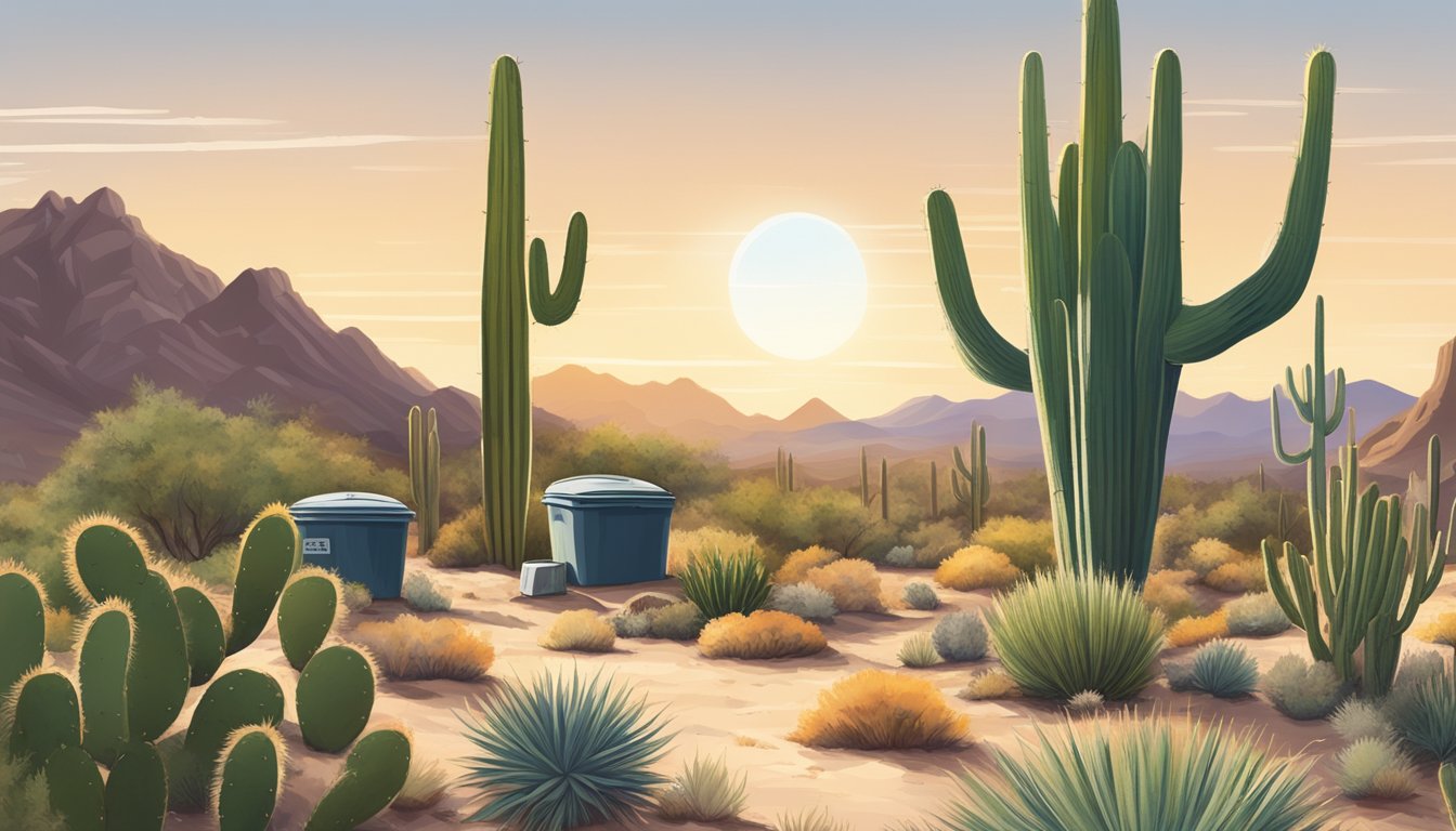 A desert landscape with a compost bin surrounded by cacti and native plants under the bright Tucson, AZ sun