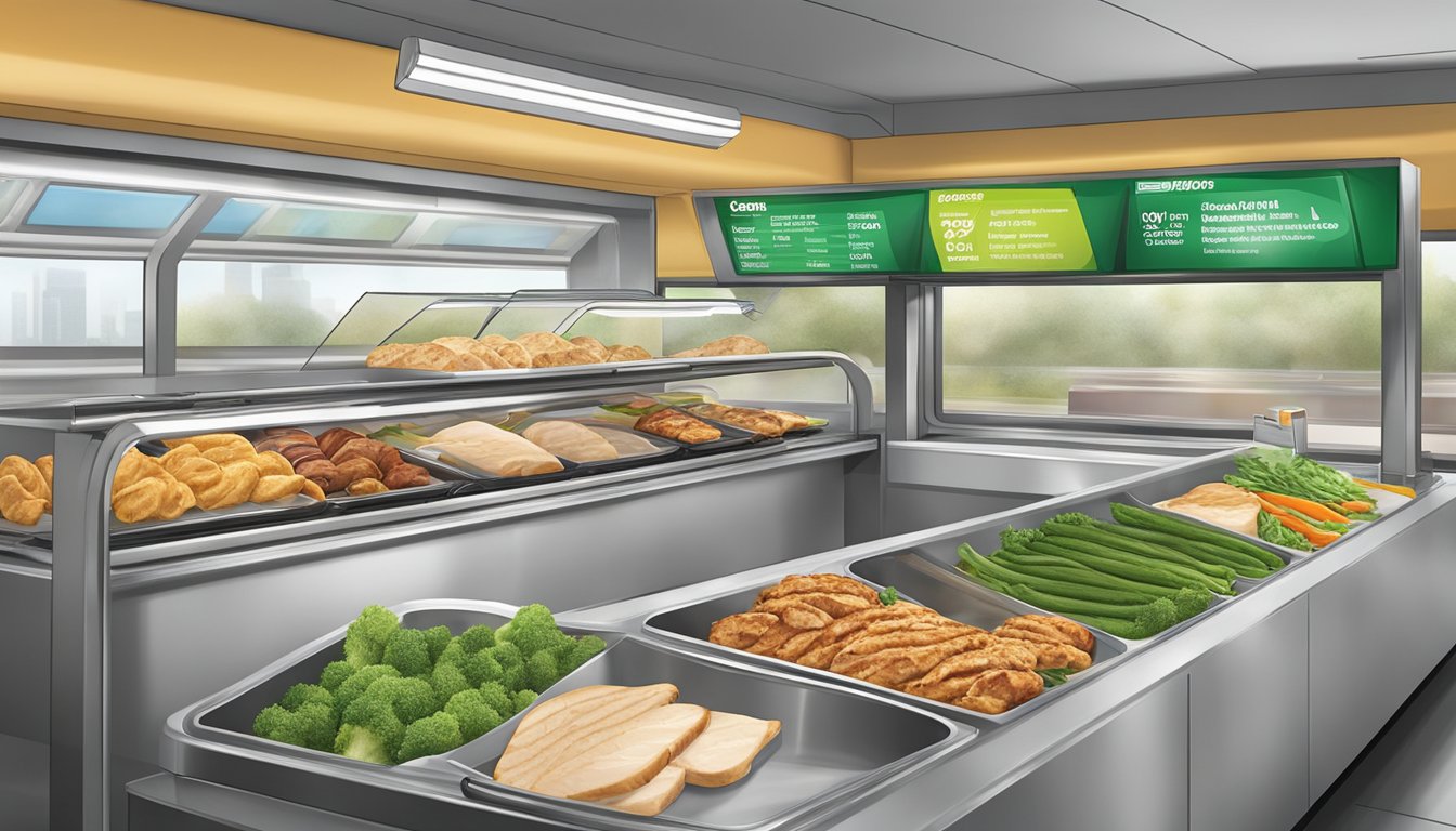 A variety of low-carb protein options displayed on a Subway counter, including grilled chicken, turkey breast, and assorted vegetables