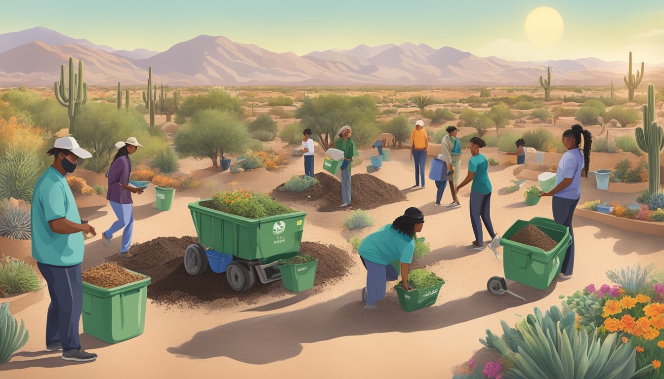 A diverse group of people and local businesses work together to compost in Tucson, Arizona, surrounded by desert landscape and sunshine