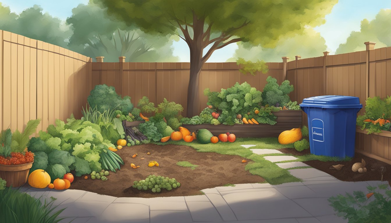 A backyard in Antioch, CA with a compost bin surrounded by a variety of organic waste, including fruit and vegetable scraps, leaves, and grass clippings