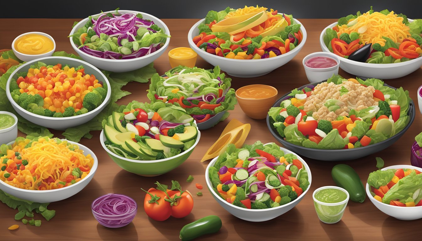 A colorful display of fresh salads and bowls at Taco John's, featuring vibrant vegetables and nutritious ingredients