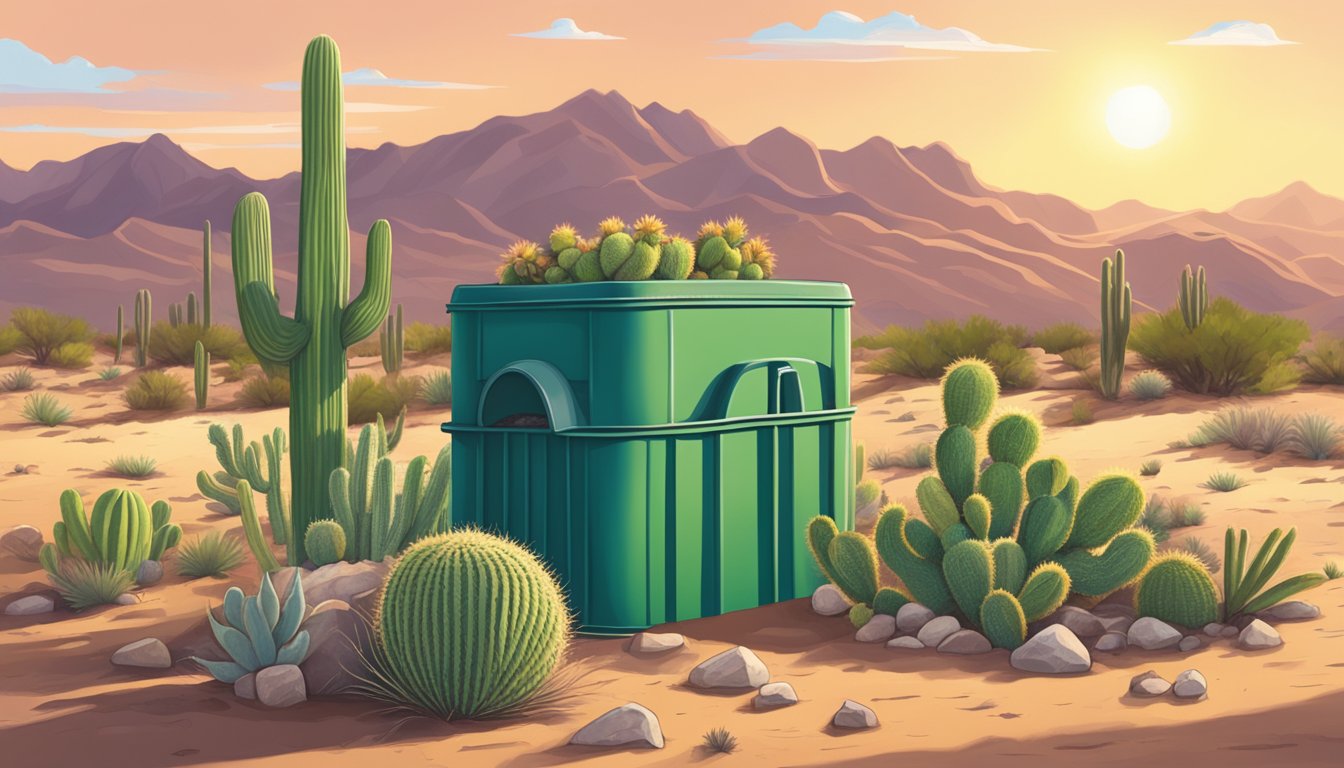 A desert landscape with a compost bin, cacti, and a sunny sky in Tucson, AZ