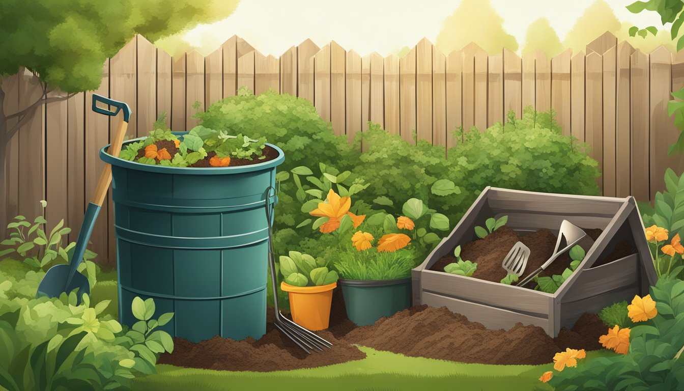 A backyard compost bin surrounded by greenery and a variety of organic waste, with a shovel and gardening gloves nearby