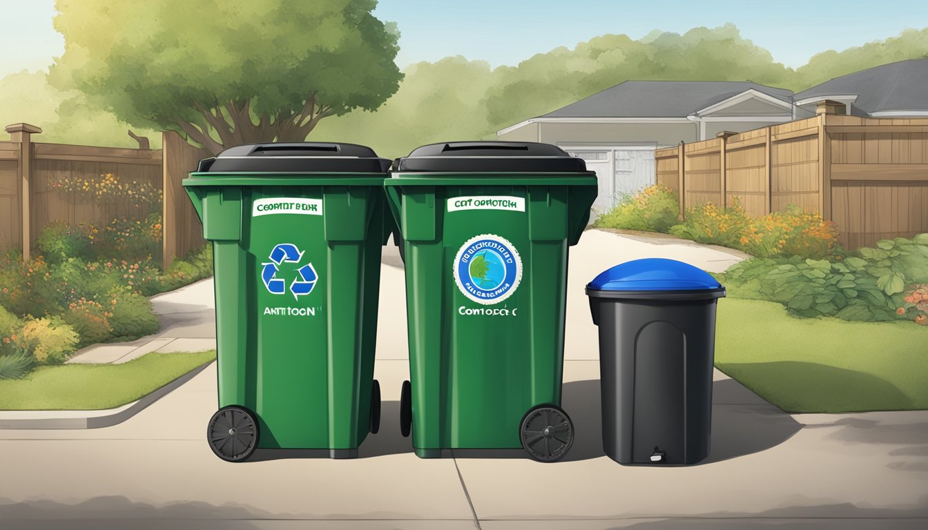 A compost bin sits next to a recycling bin, both labeled with the city of Antioch, CA logo. A sign outlines the local legislation and environmental policy for composting