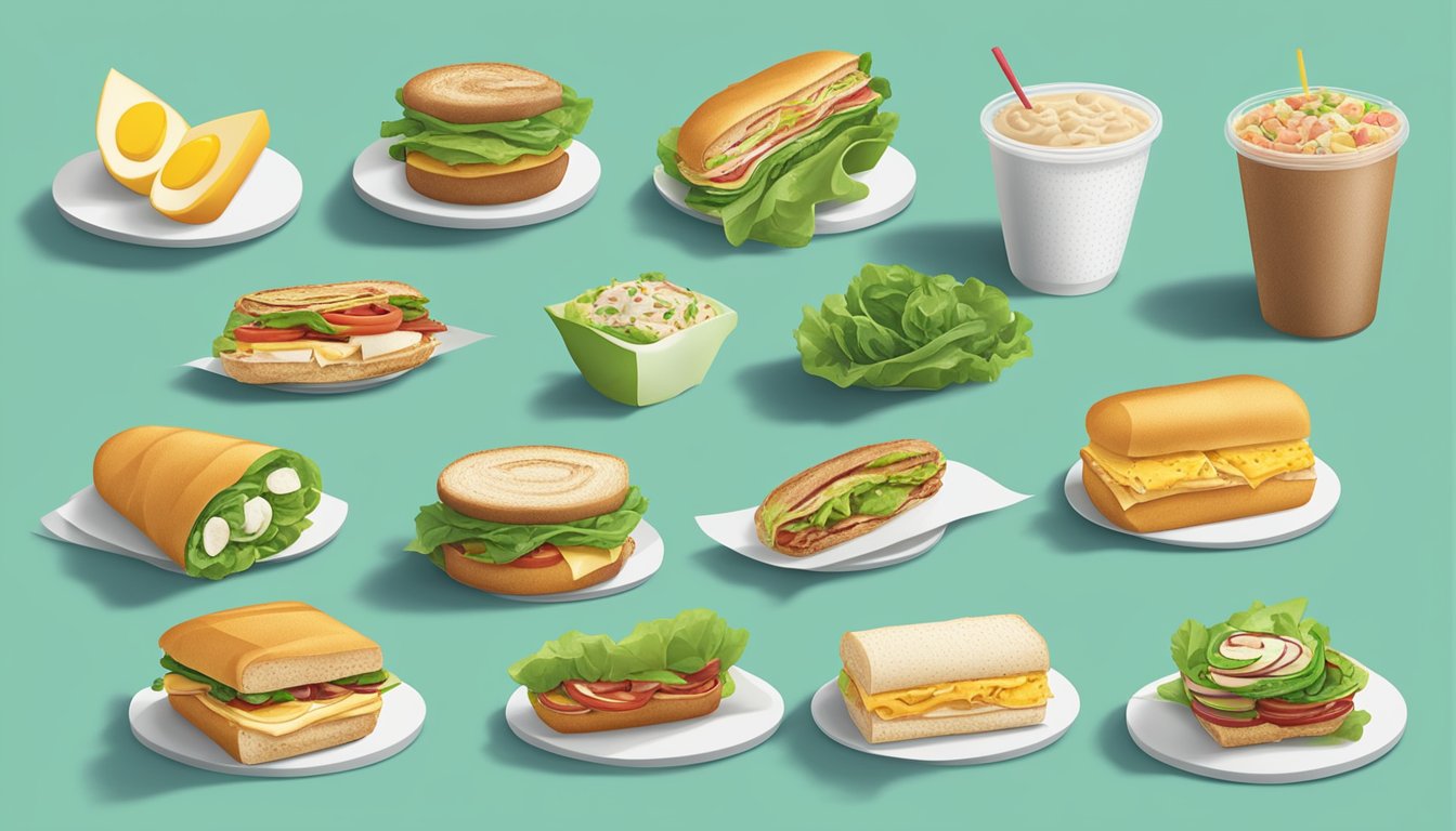 A variety of low-carb breakfast options from Subway, including lettuce-wrapped sandwiches and protein-packed salads, displayed on a clean, modern counter