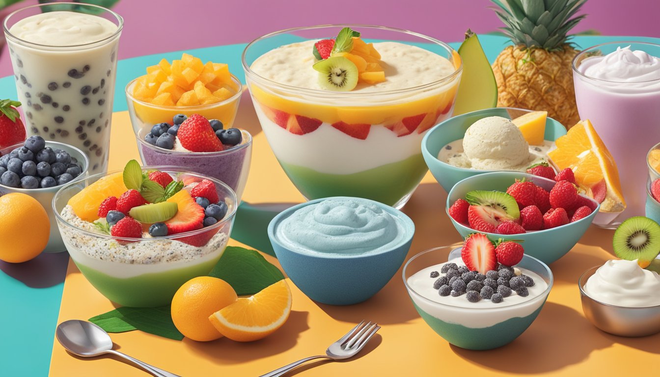 A colorful array of fresh fruit and yogurt parfaits, alongside small portions of chia seed pudding and coconut milk ice cream, displayed on a vibrant table setting at Taco John's