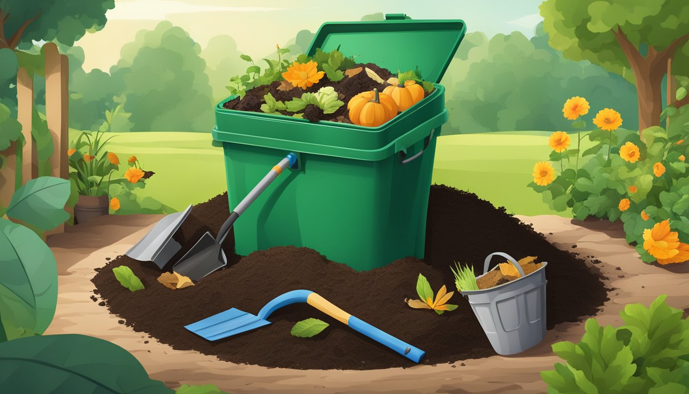 A backyard compost bin surrounded by a variety of organic waste, with a shovel and gardening gloves nearby