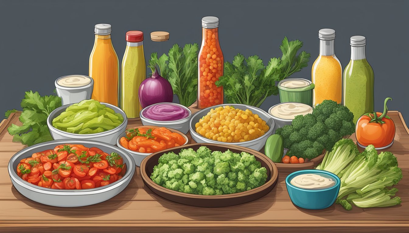 A colorful spread of fresh vegetables and lean proteins on a tray, with a variety of salsas and sauces on the side