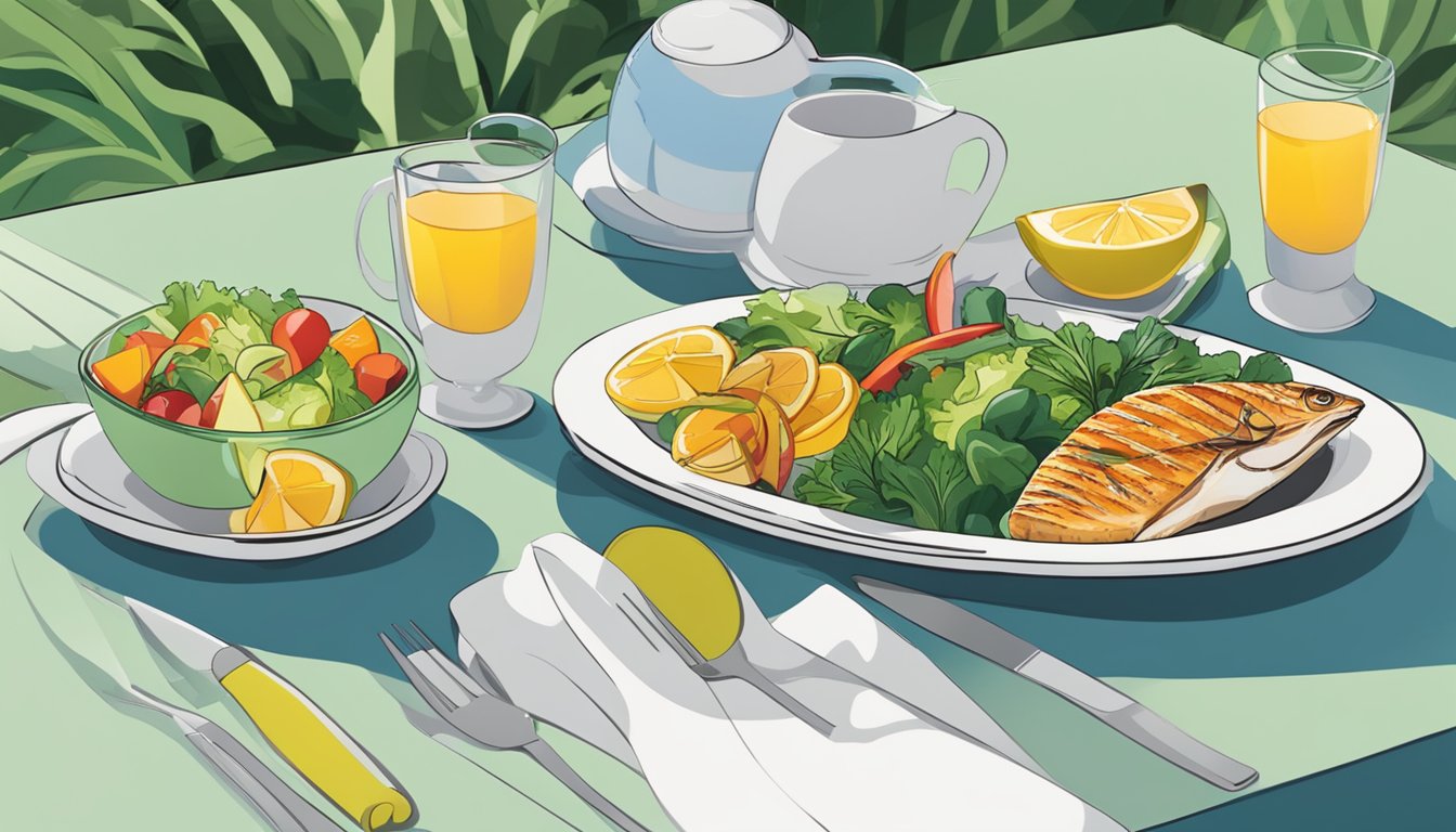 A colorful plate with grilled fish, steamed vegetables, and a side of mixed greens, next to a cup of fruit salad