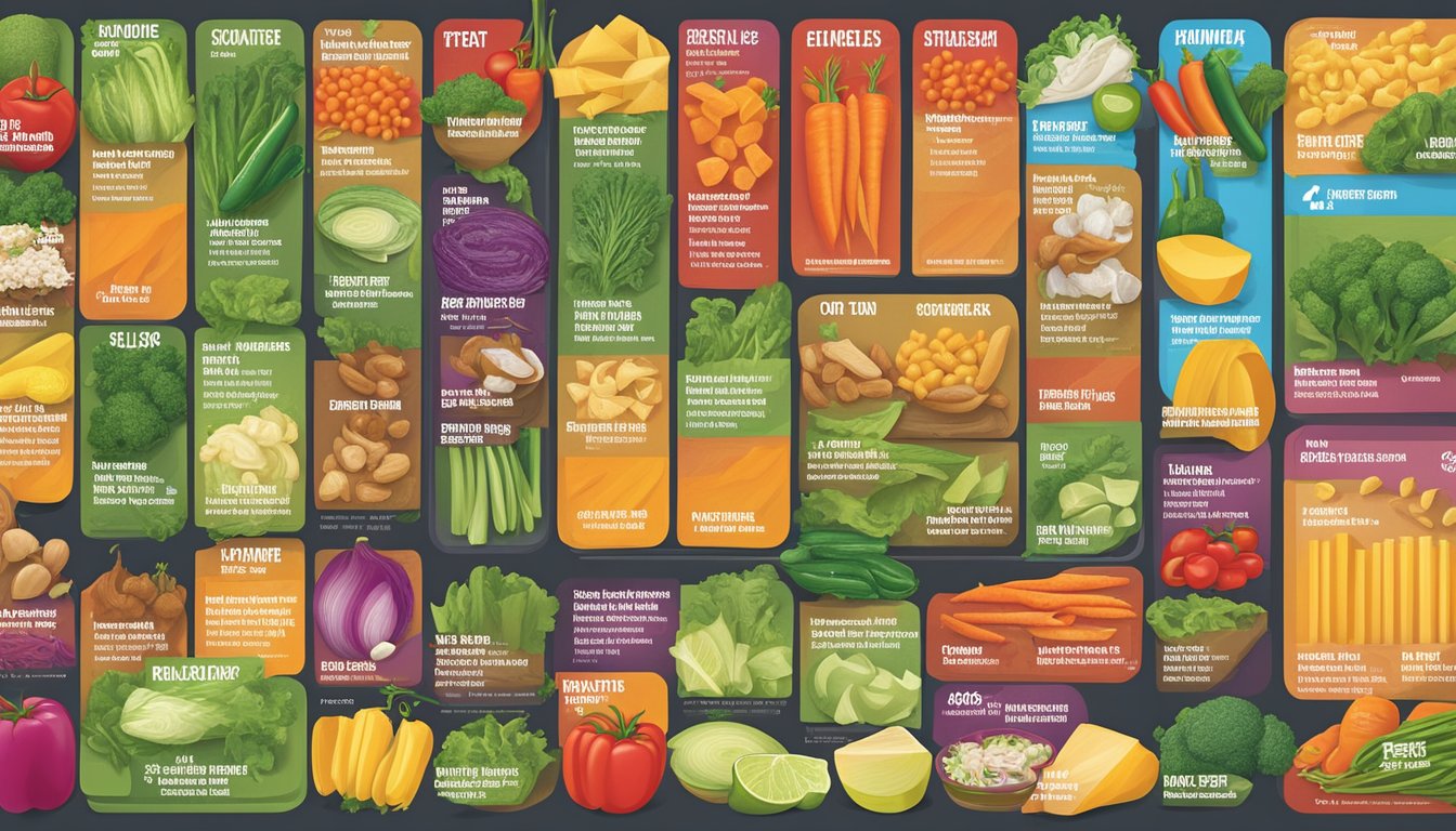 A variety of fresh vegetables and lean protein options displayed on a colorful menu board at Taco John's