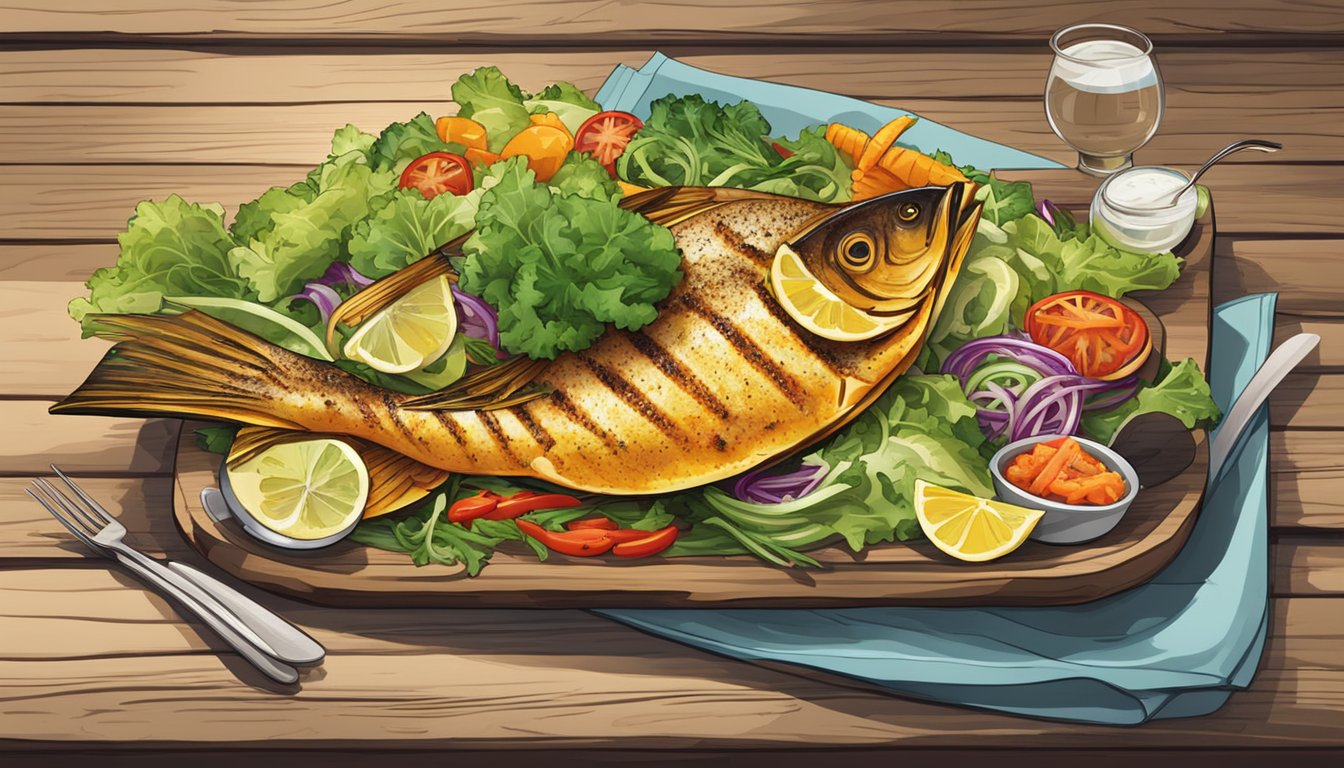 A colorful array of grilled fish, steamed vegetables, and fresh salads displayed on a rustic wooden table. A vibrant, healthy alternative to traditional fried seafood