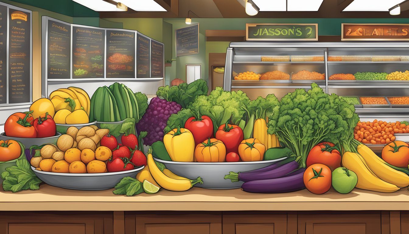 A colorful array of fresh vegetables, fruits, and whole grains displayed on a menu board at Jason's Deli. Bright, inviting atmosphere with a focus on healthy options