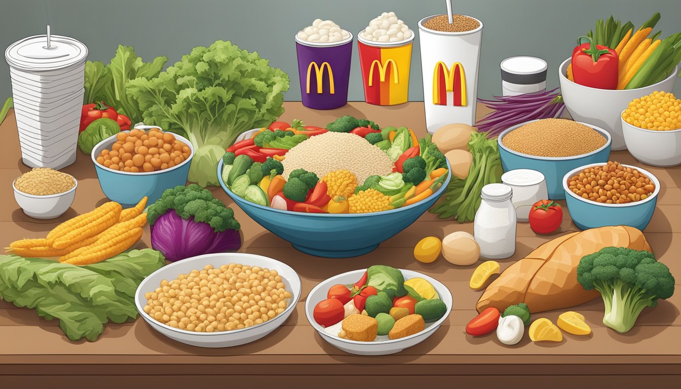 A colorful array of fresh vegetables, lean proteins, and whole grains arranged on a table, with a McDonald's logo in the background