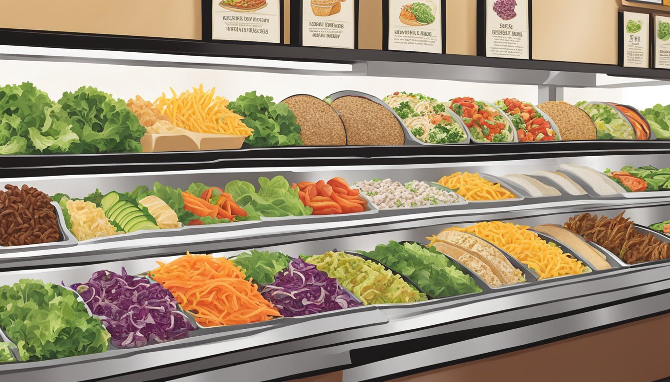 A colorful array of fresh salads, whole grain sandwiches, and lean protein bowls on display at Jason's Deli, showcasing their healthier twist on classic main dishes