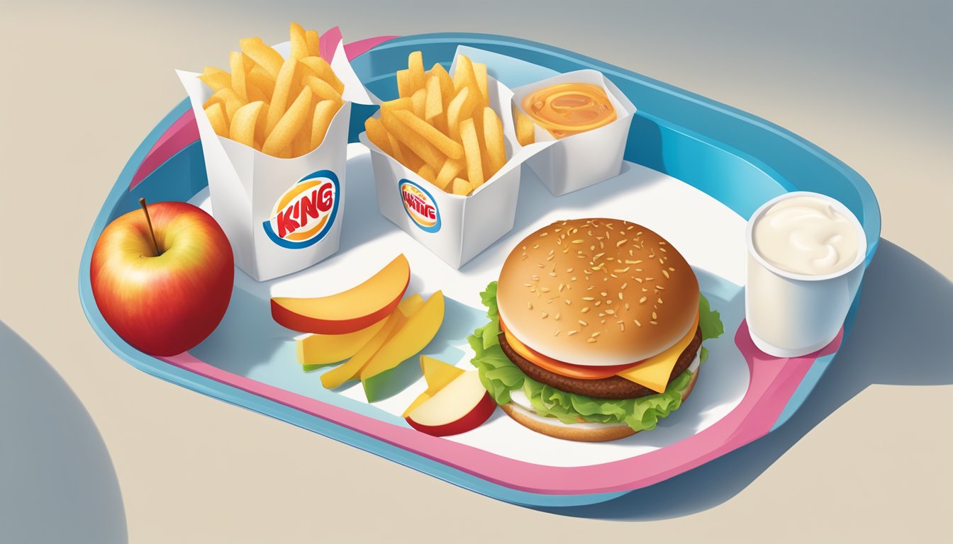 A colorful tray with a kid's meal and healthier substitutes, including apple slices and milk, from Burger King