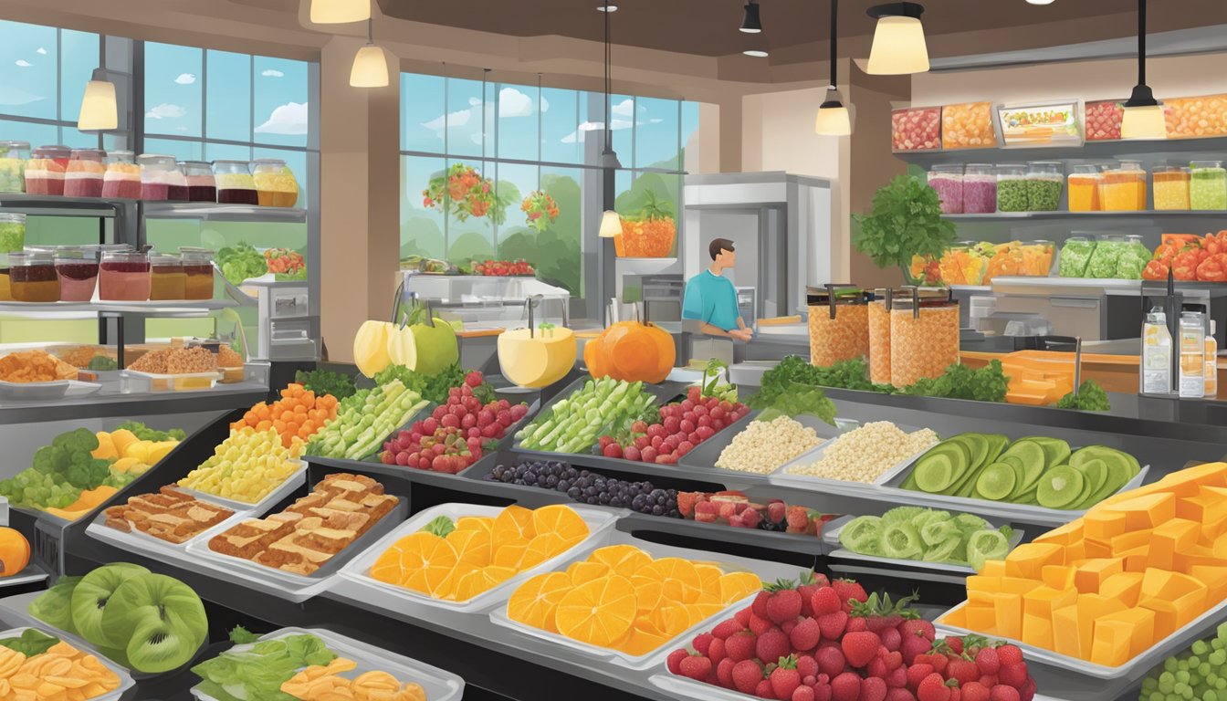 A colorful display of fresh fruit, salads, and smoothies at Jason's Deli. A variety of desserts and beverages are showcased in a bright and inviting setting