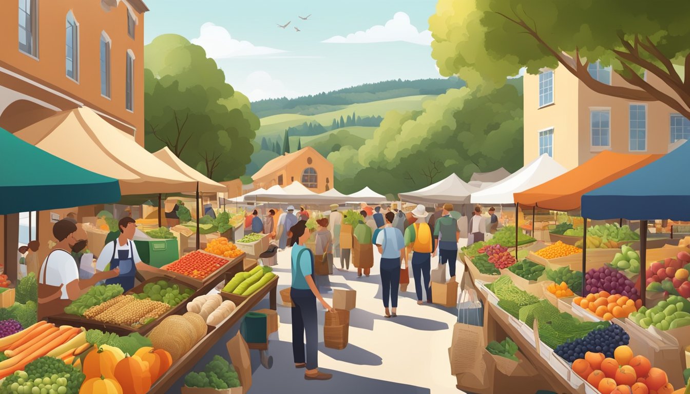 A bustling farmers' market with colorful fruits, vegetables, and artisanal products, surrounded by fields of organic produce and free-range livestock