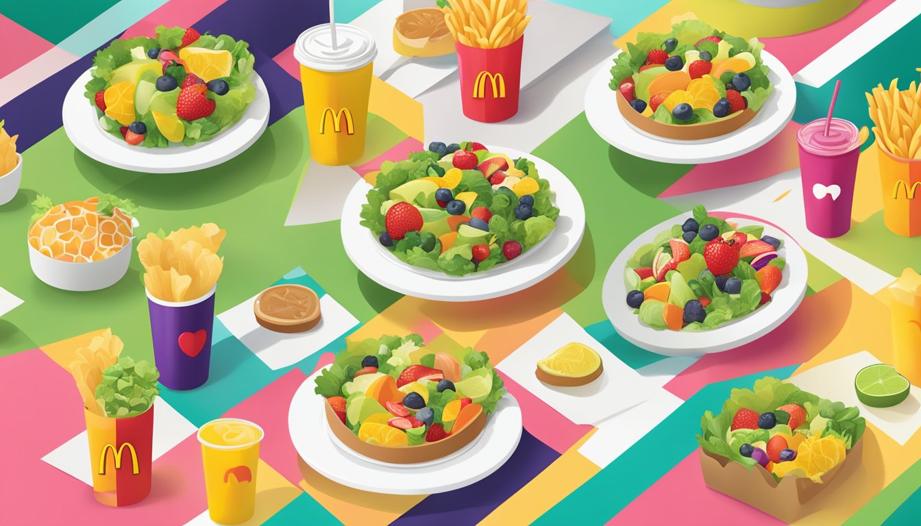 A colorful salad and fruit options displayed next to a McDonald's logo, with a heart symbol in the background