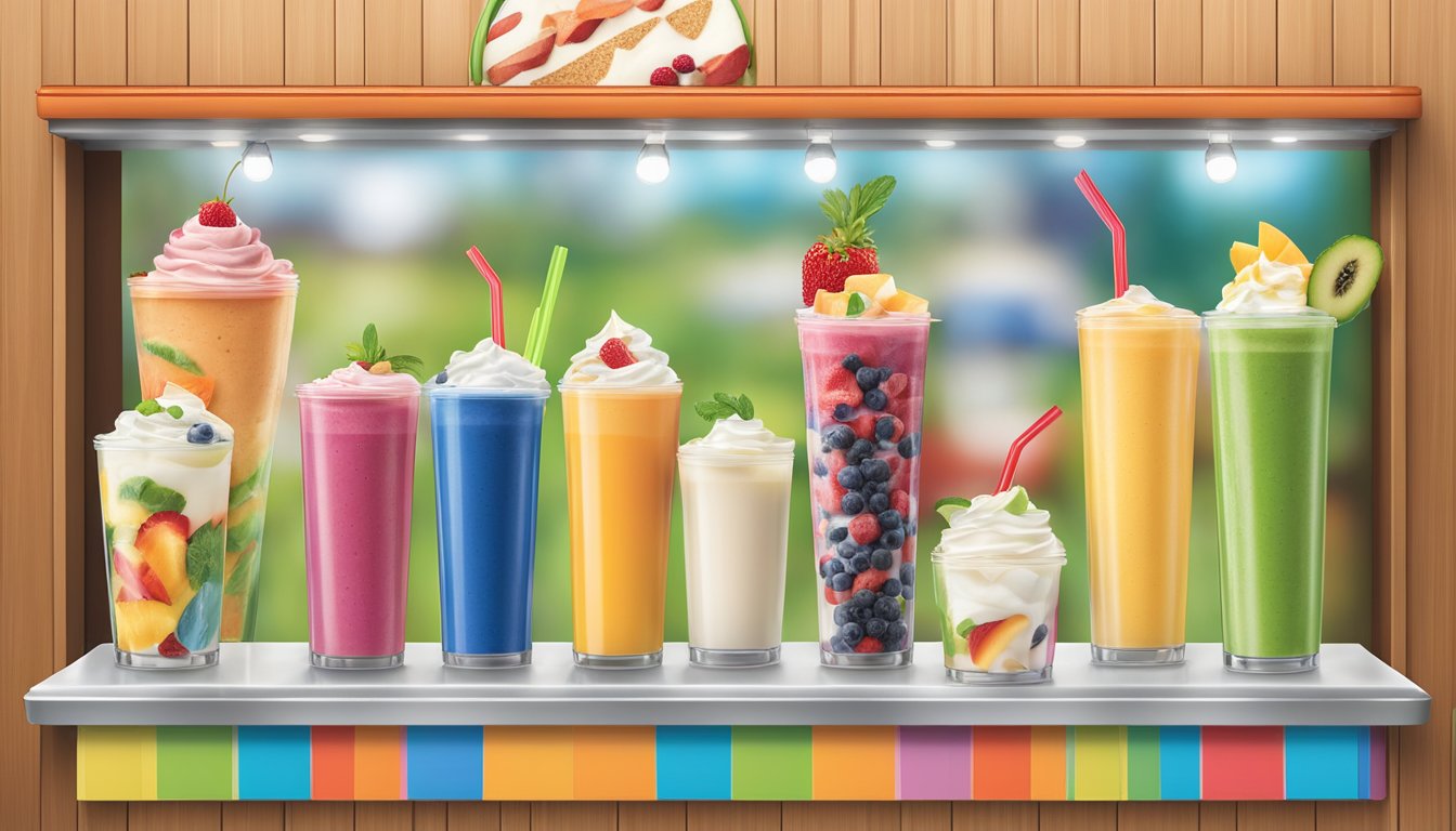 A colorful menu board displays a variety of healthy options at Dairy Queen, including fruit smoothies and yogurt parfaits