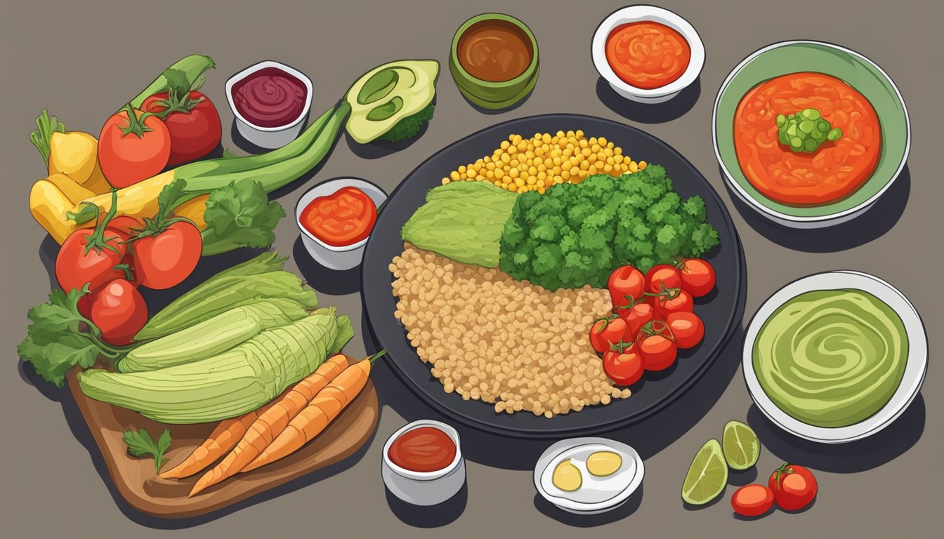 A colorful array of fresh vegetables, lean proteins, and whole grains arranged on a plate, with a side of guacamole and salsa