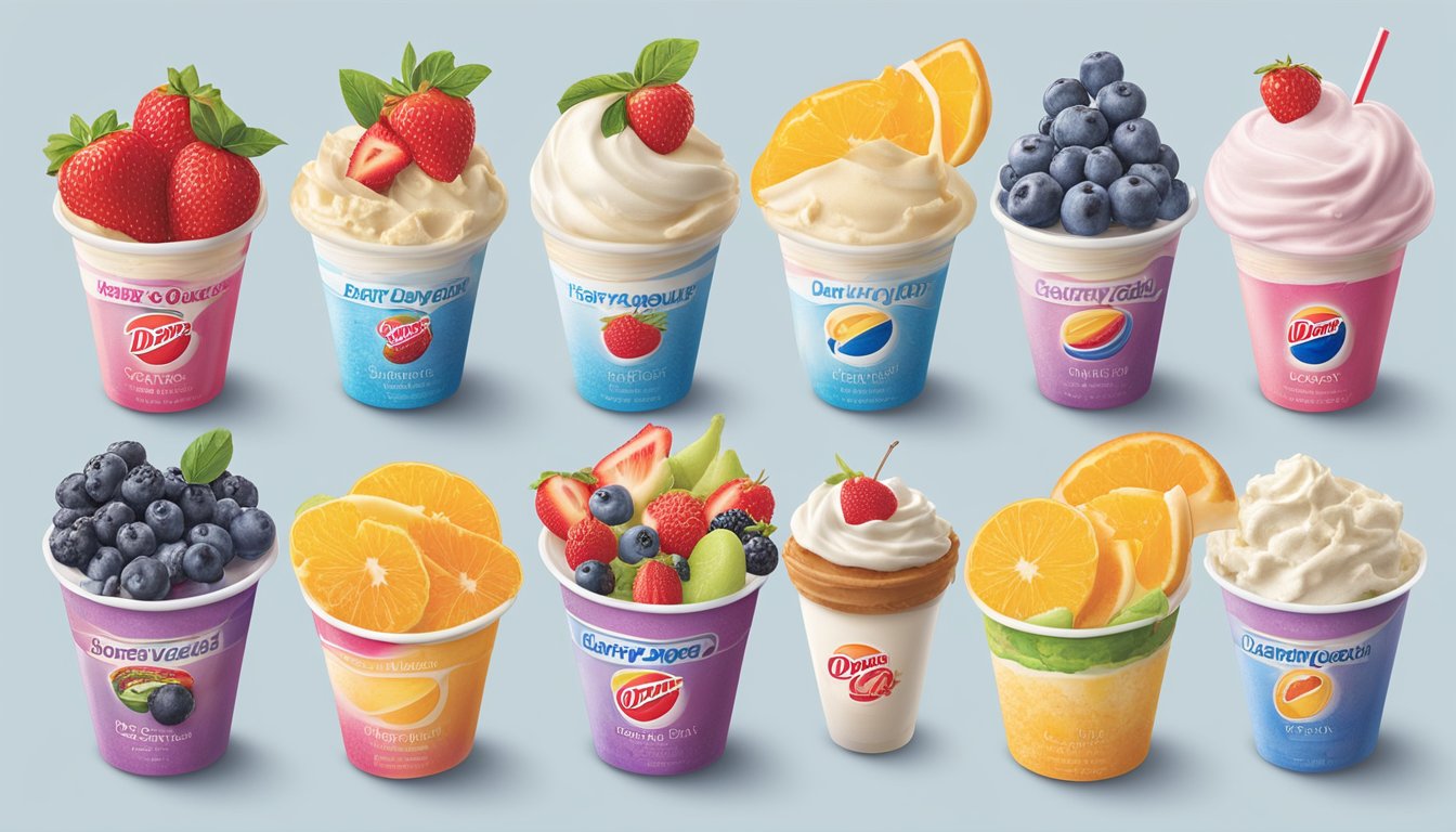 A colorful display of fresh fruit and yogurt toppings arranged next to a variety of low-fat and non-dairy ice cream options at Dairy Queen