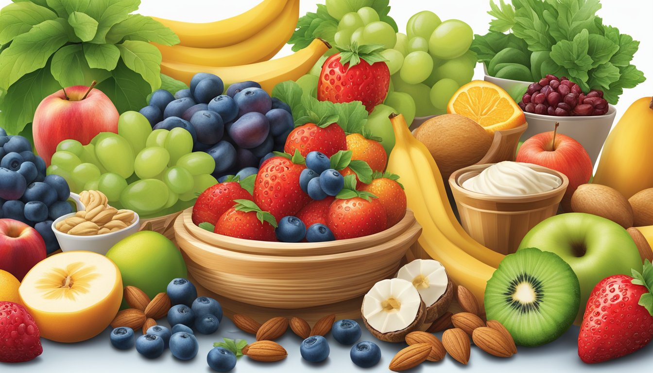 A colorful array of fresh fruits and nuts, surrounded by vibrant green leafy vegetables, with a clear distinction from the indulgent ice cream options at Dairy Queen