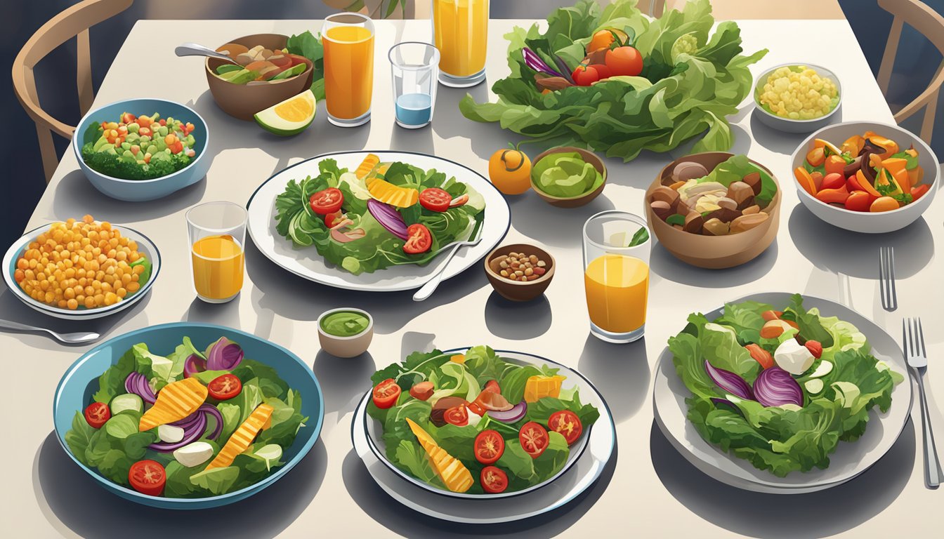 A colorful array of fresh salads, grilled vegetables, and lean protein options displayed on a clean, modern table setting