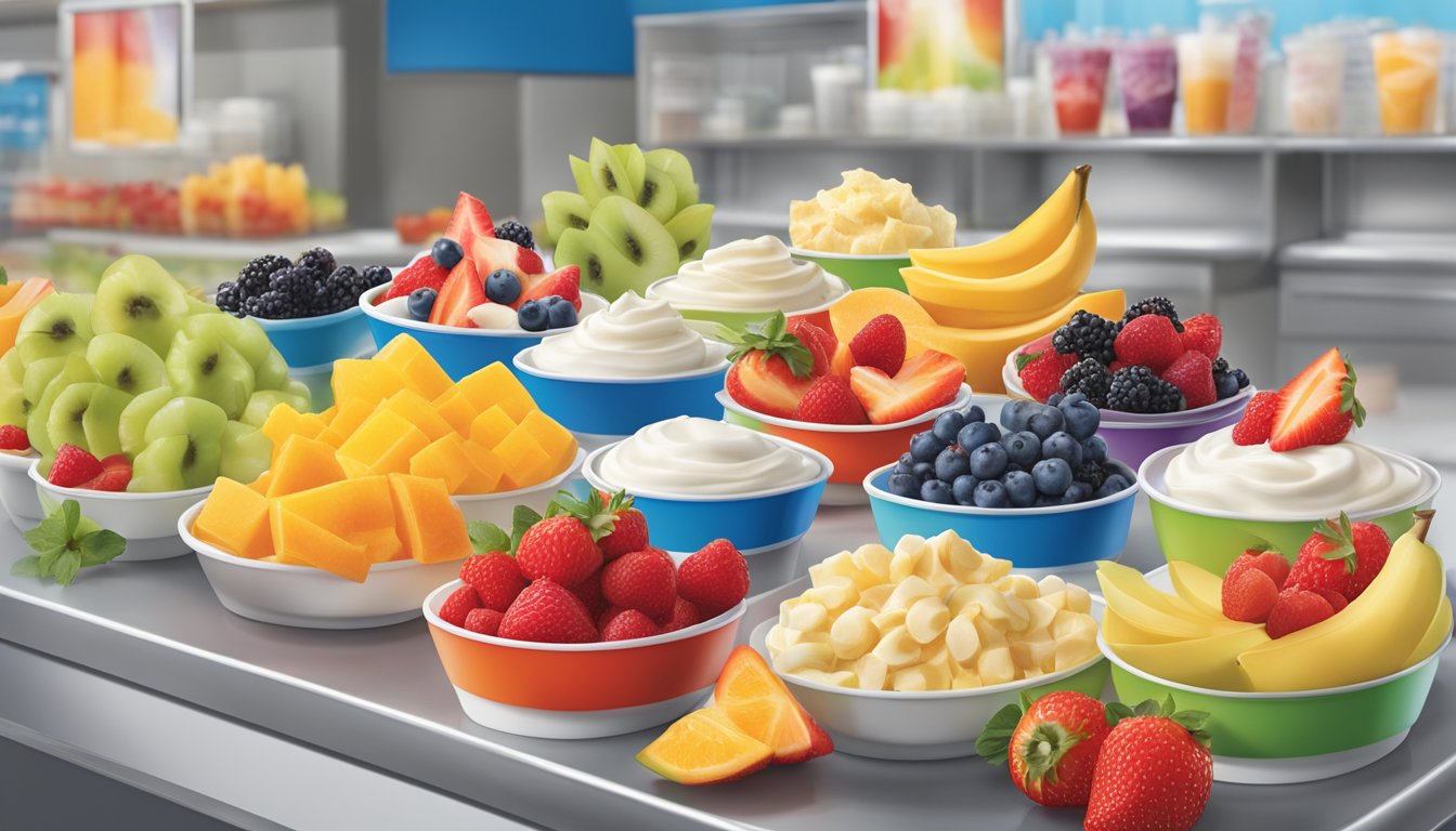 A colorful display of fresh fruit toppings and low-fat frozen yogurt at a Dairy Queen counter