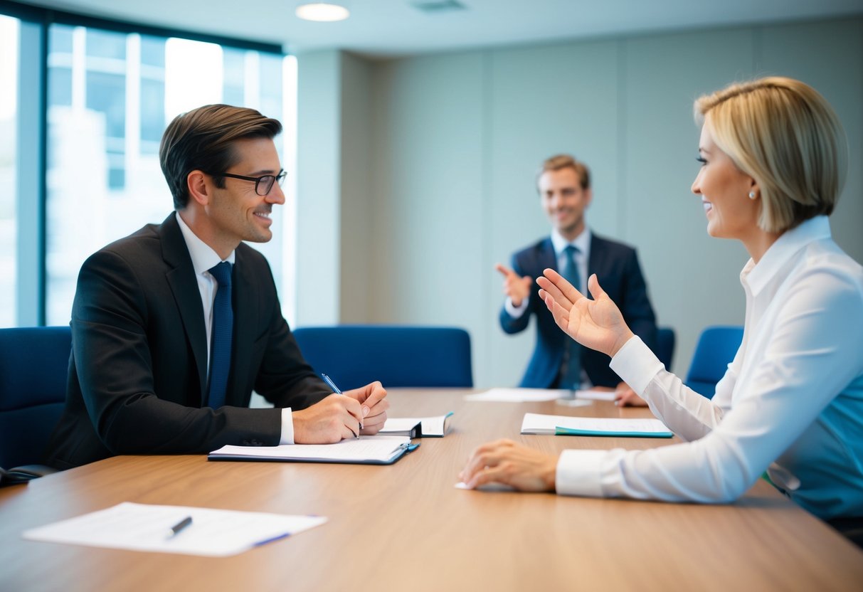 Une salle de réunion avec deux personnes se faisant face, l'une prenant des notes pendant que l'autre gesticule et parle avec confiance.