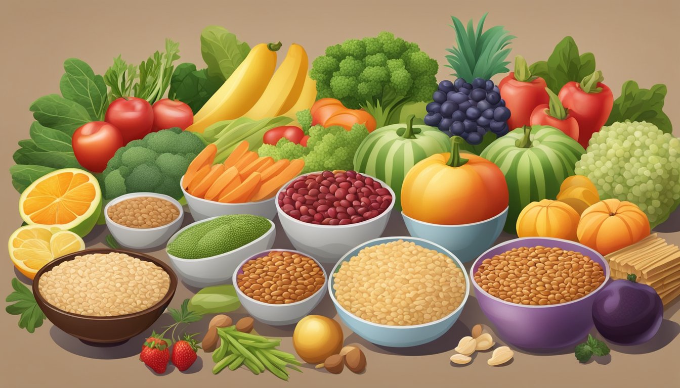 A table set with a variety of high-fiber foods, including fruits, vegetables, whole grains, and legumes, displayed in a colorful and appetizing manner