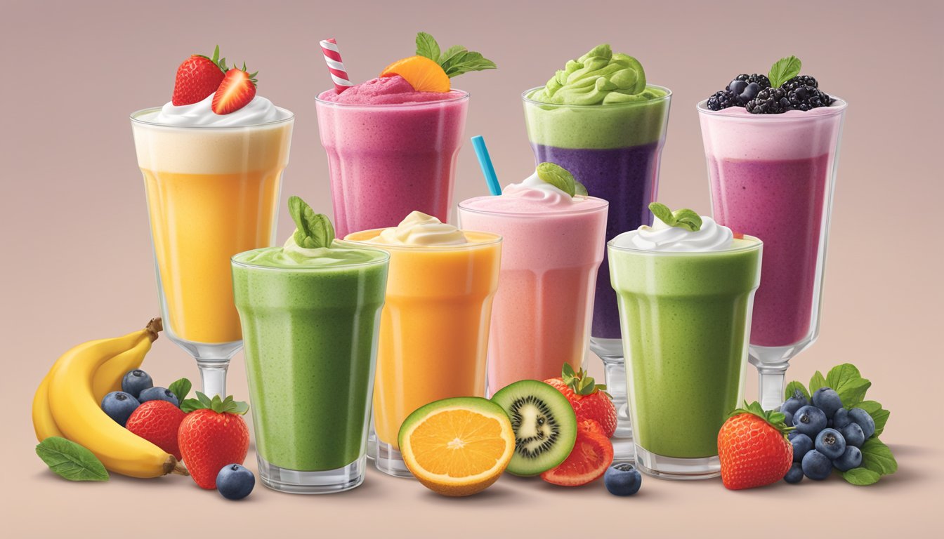 A colorful array of fresh fruit and vegetable smoothies, salads, and yogurt parfaits displayed alongside Dairy Queen's signature ice cream treats