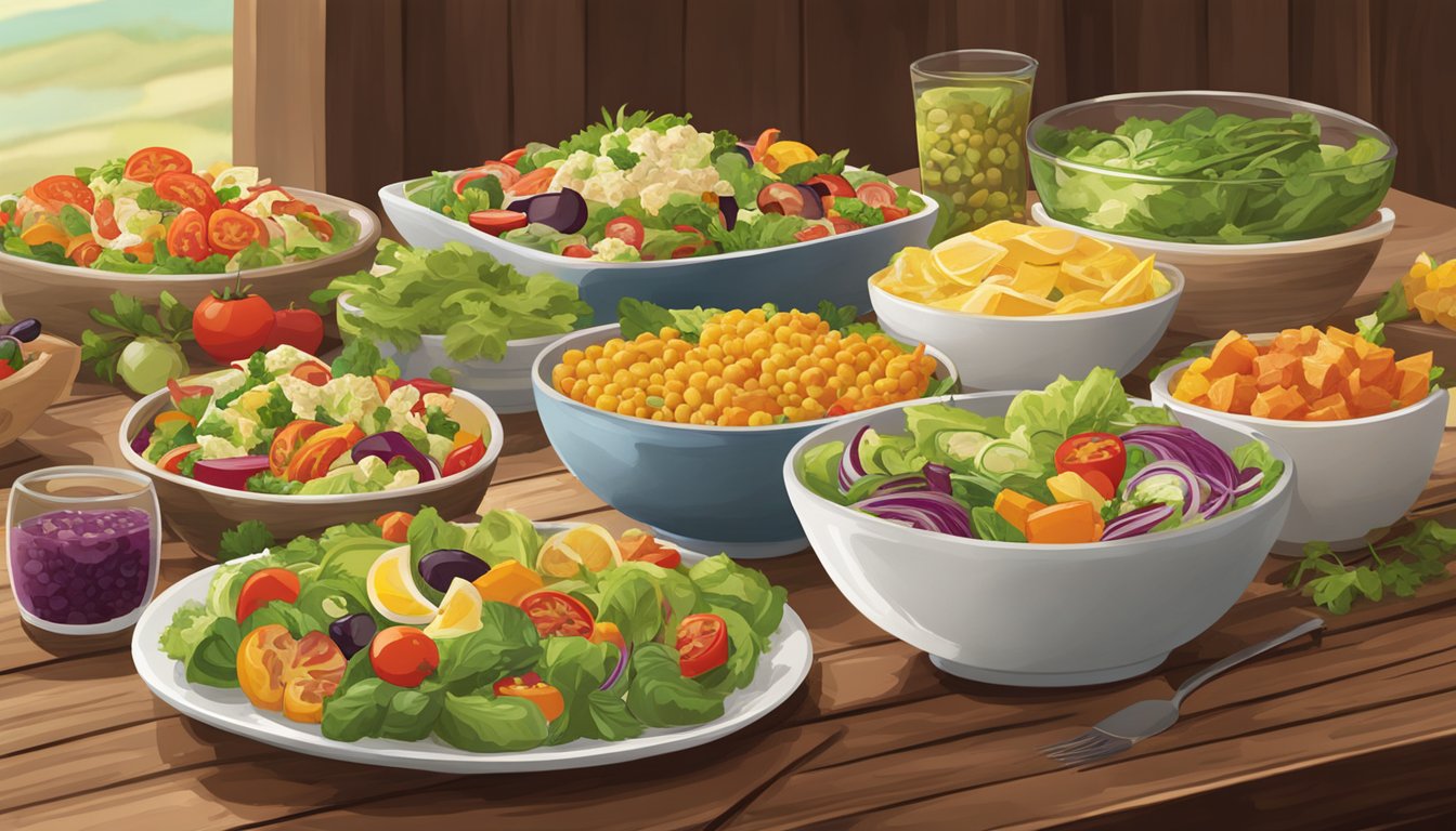 A colorful array of fresh salads, grilled vegetables, and lean protein dishes displayed on a rustic wooden table at Olive Garden