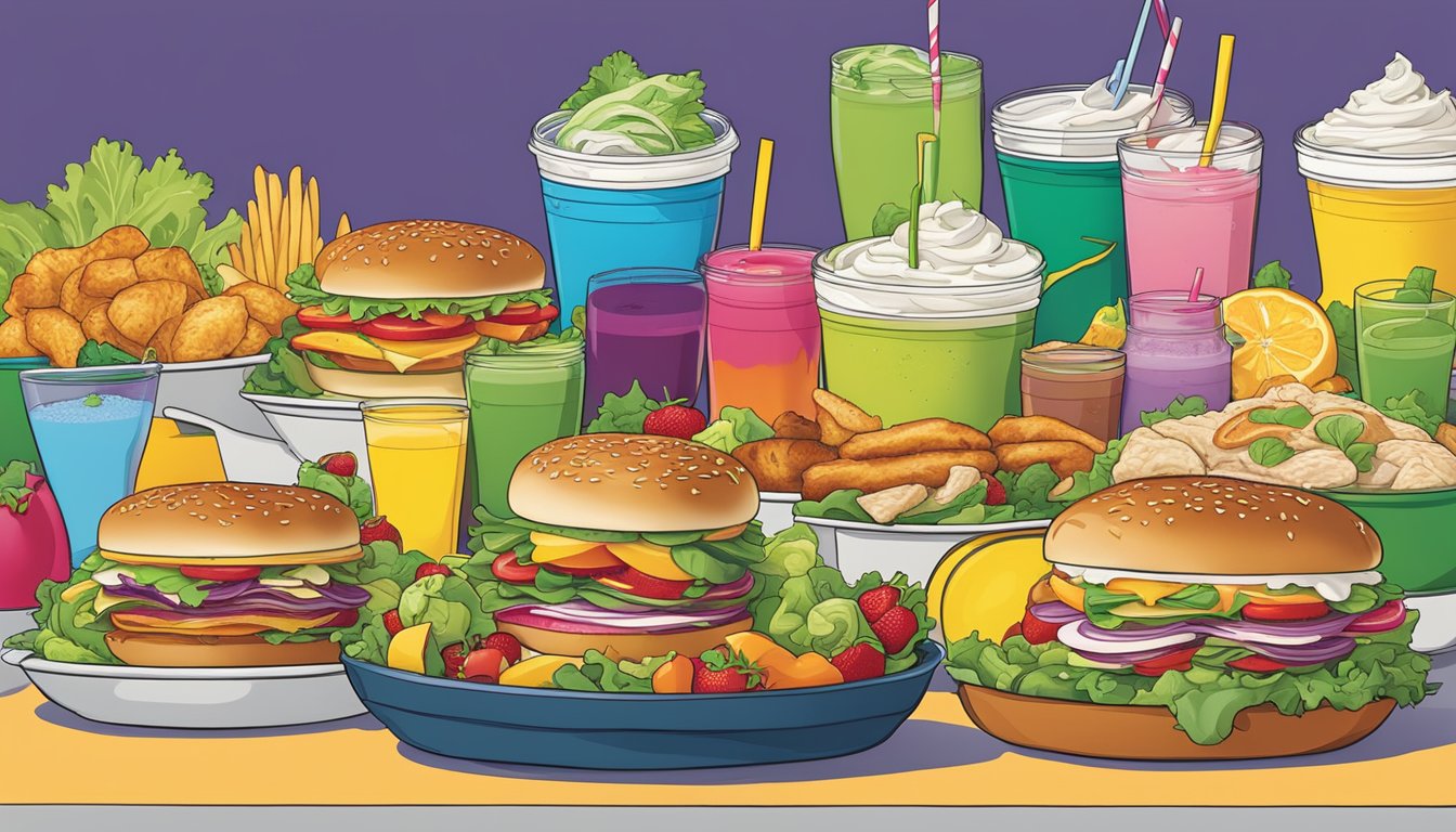 A colorful array of fresh salads, grilled chicken sandwiches, and fruit smoothies displayed on a vibrant menu board at McDonald's