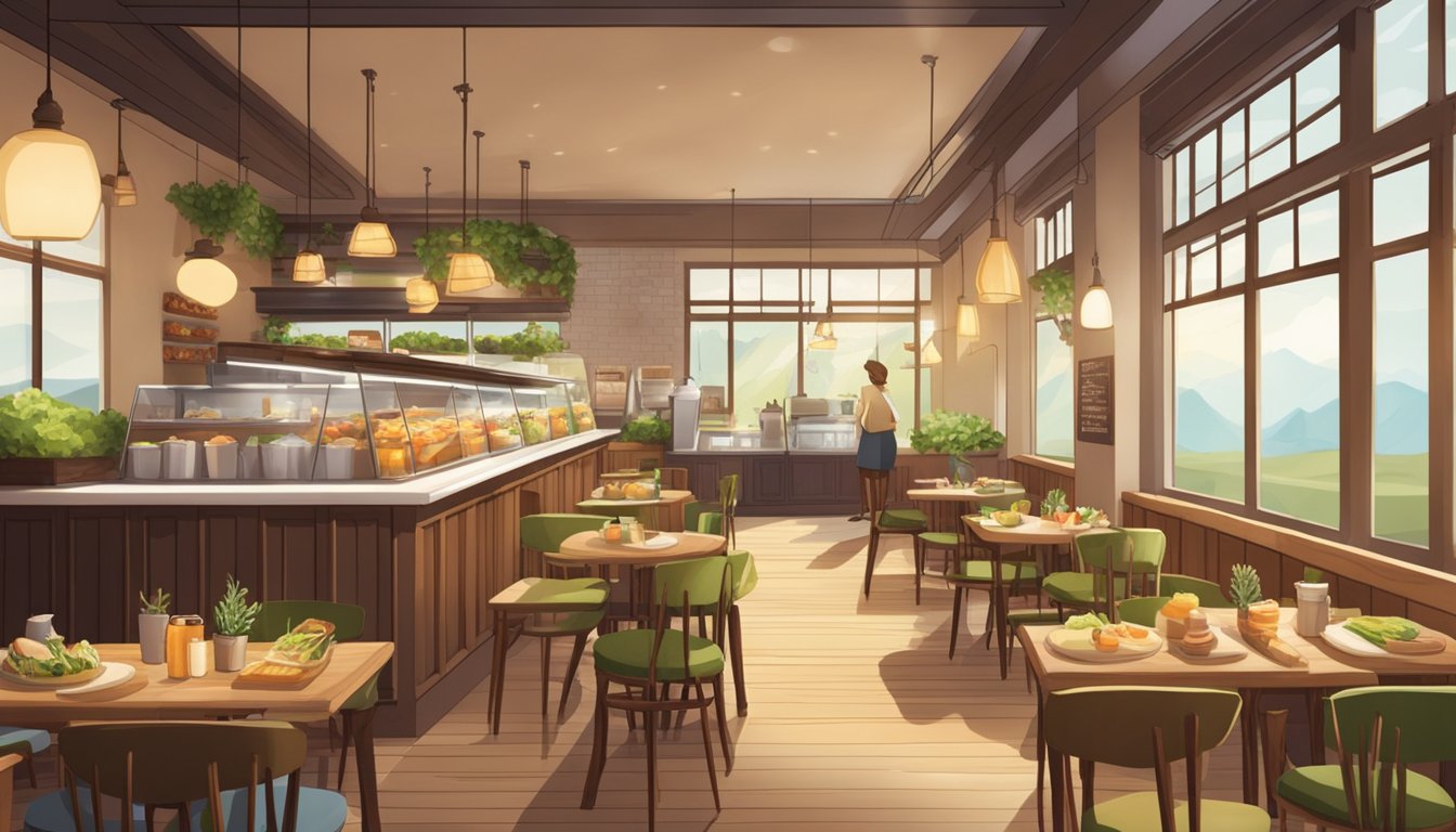 A cozy café interior with a display of fresh salads, sandwiches, and pastries. Rustic wooden tables and chairs fill the space, with soft lighting creating a warm and inviting atmosphere